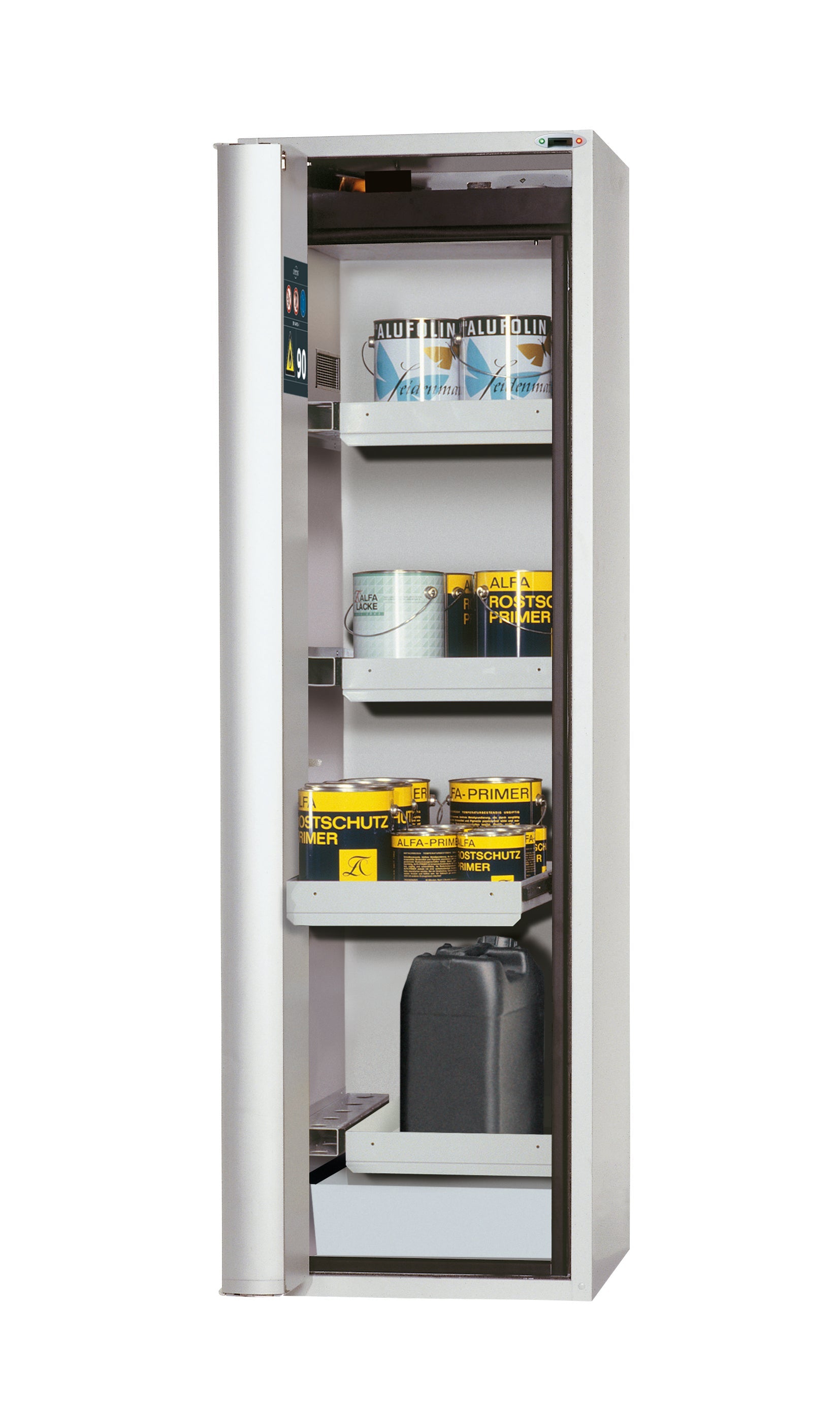 Type 90 safety cabinet S-PHOENIX touchless-90 model S90.196.060.FDAO in light gray RAL 7035 with 3x standard pull-out tray (sheet steel)