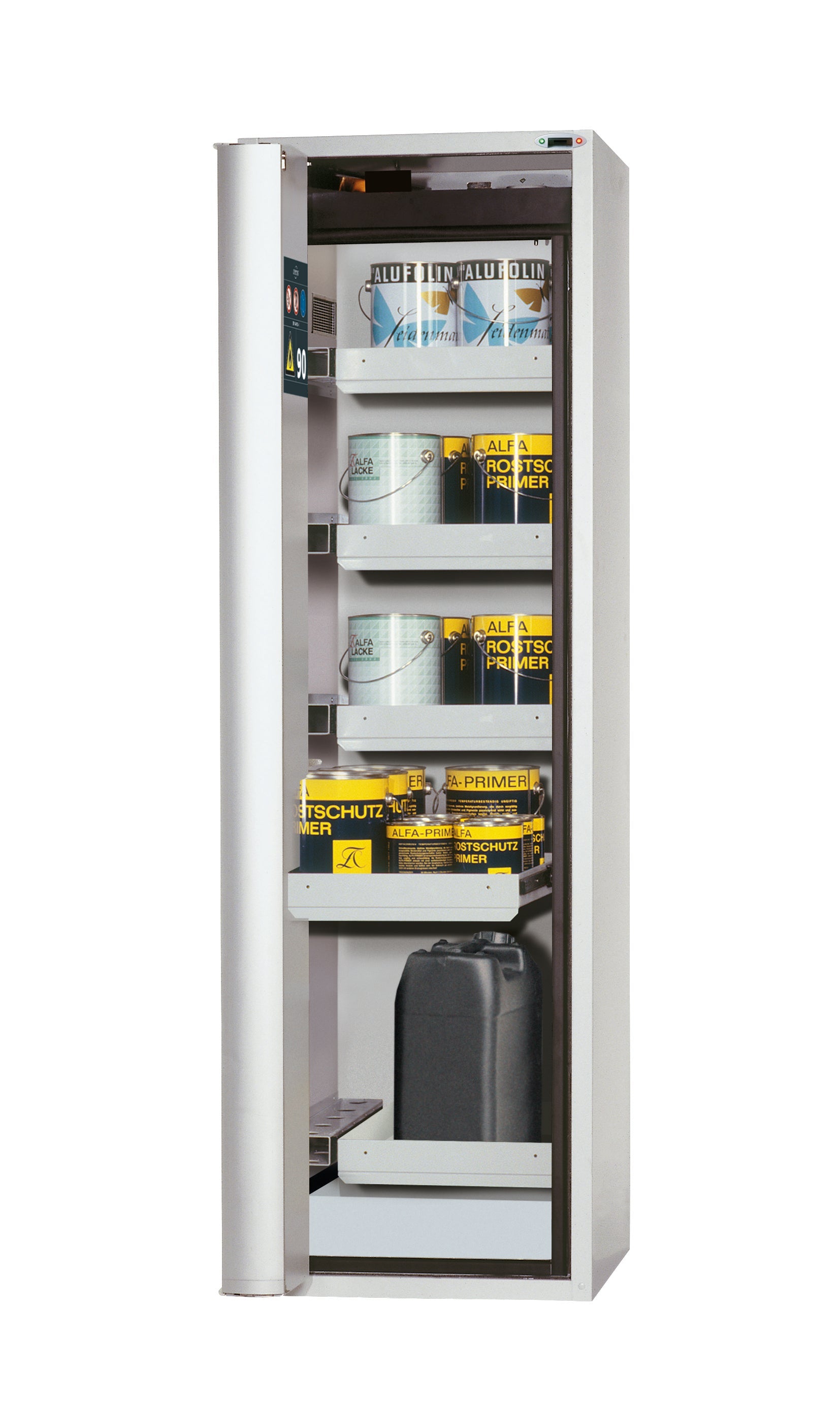 Type 90 safety cabinet S-PHOENIX touchless-90 model S90.196.060.FDAO in light gray RAL 7035 with 4x standard pull-out tray (sheet steel)