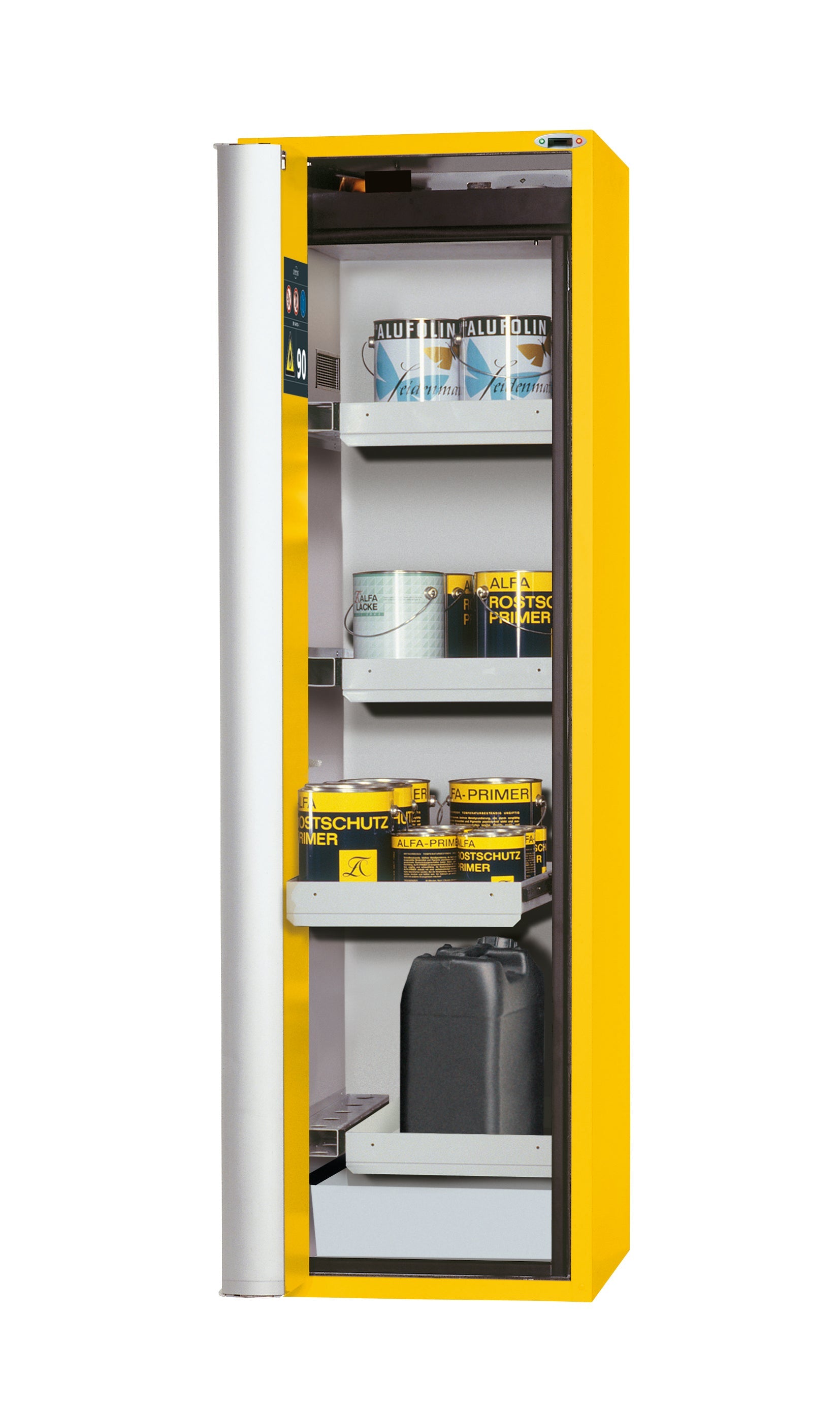 Type 90 safety cabinet S-PHOENIX touchless-90 model S90.196.060.FDAO in safety yellow RAL 1004 with 3x standard pull-out tray (sheet steel)