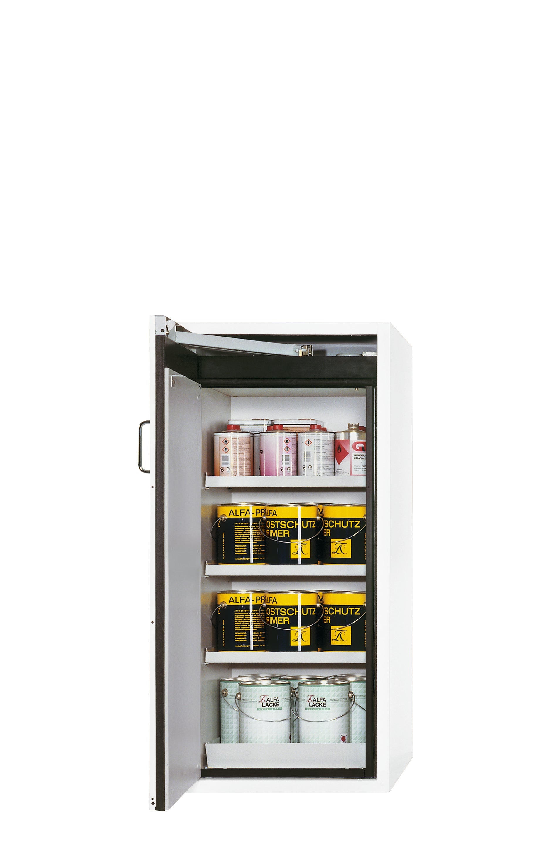 Armoire de sécurité type 90 S-CLASSIC-90 modèle S90.129.060.WDAS en blanc de laboratoire (similaire à RAL 9016) avec 3 étagères standard (tôle d'acier)