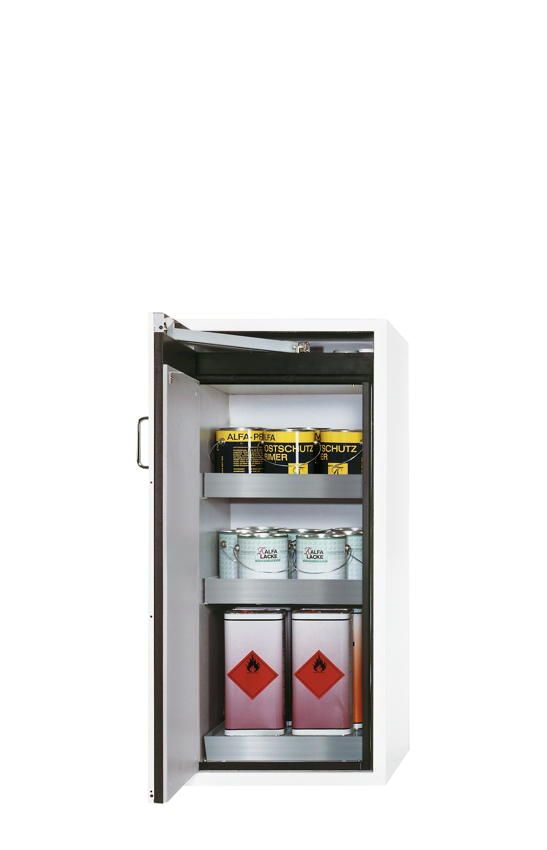 Armoire de sécurité type 90 S-CLASSIC-90 modèle S90.129.060.WDAS en blanc de laboratoire (similaire à RAL 9016) avec 2x pieds de plateau standard (acier inoxydable 1.4301)