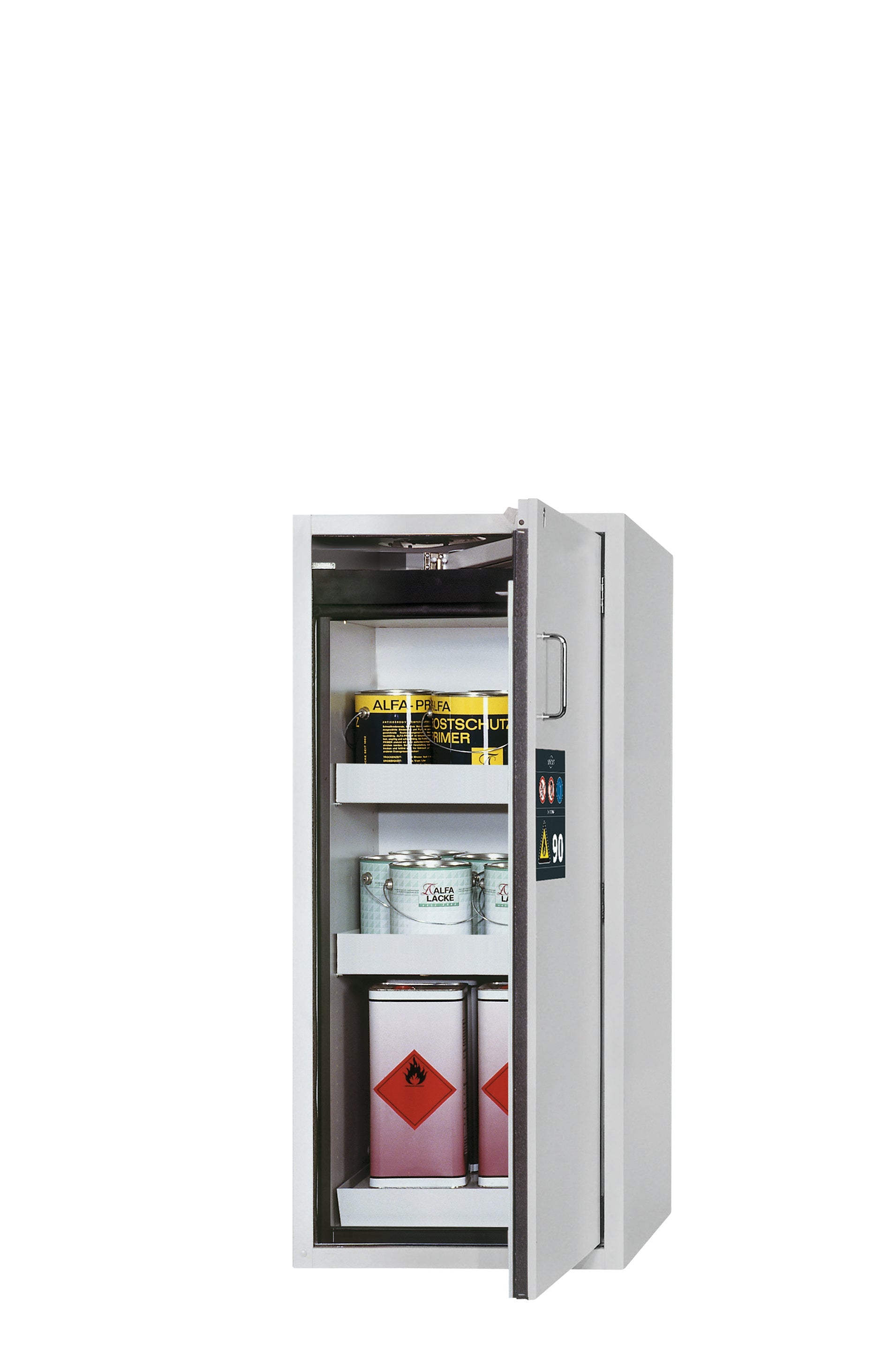 Armoire de sécurité type 90 S-CLASSIC-90 modèle S90.129.060.R en gris clair RAL 7035 avec 2x base à plateau standard (tôle d'acier)