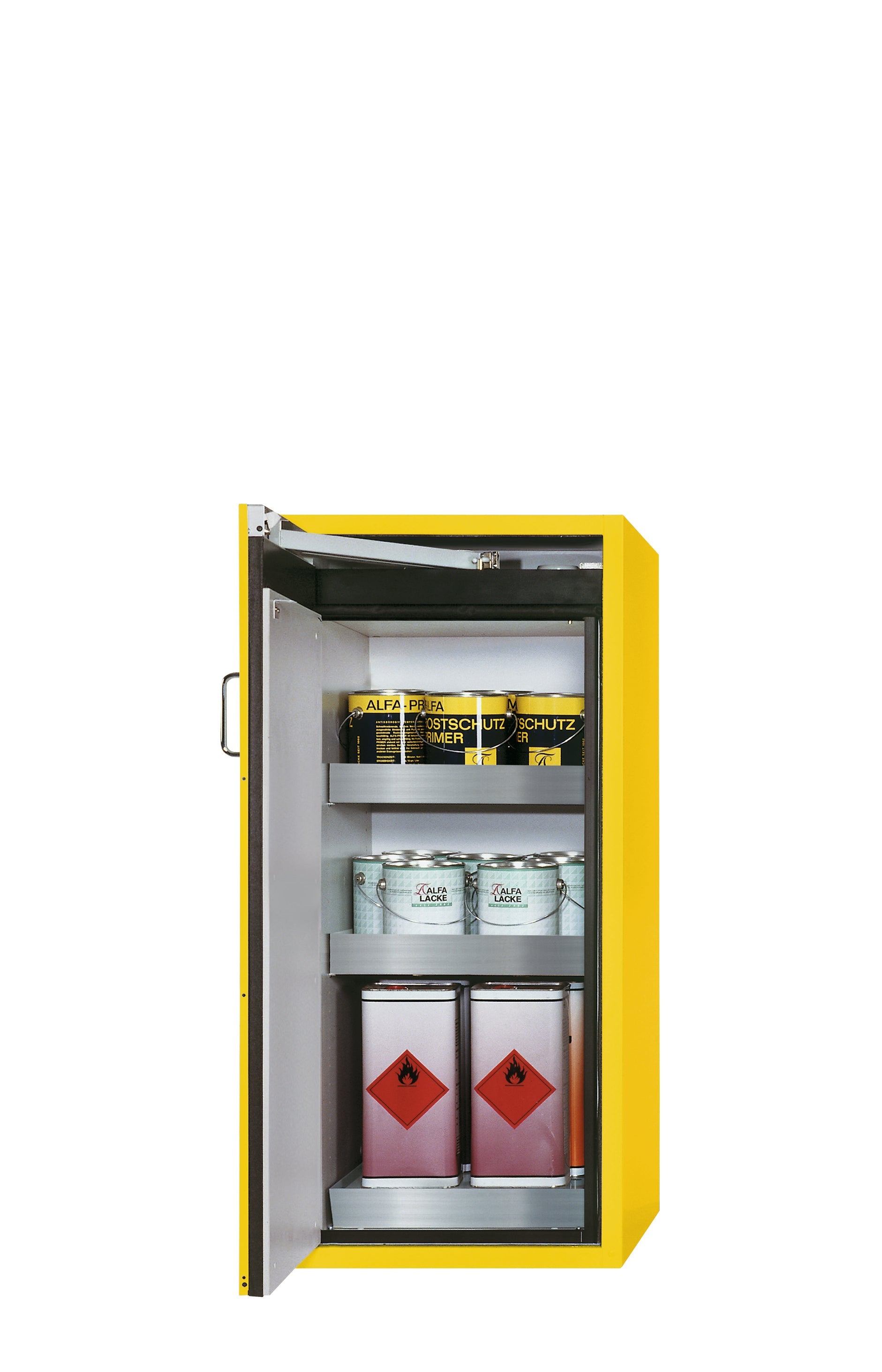 Type 90 safety cabinet S-PEGASUS-90 model S90.129.060.WDAC in safety yellow RAL 1004 with 2x standard tray base (stainless steel 1.4301)