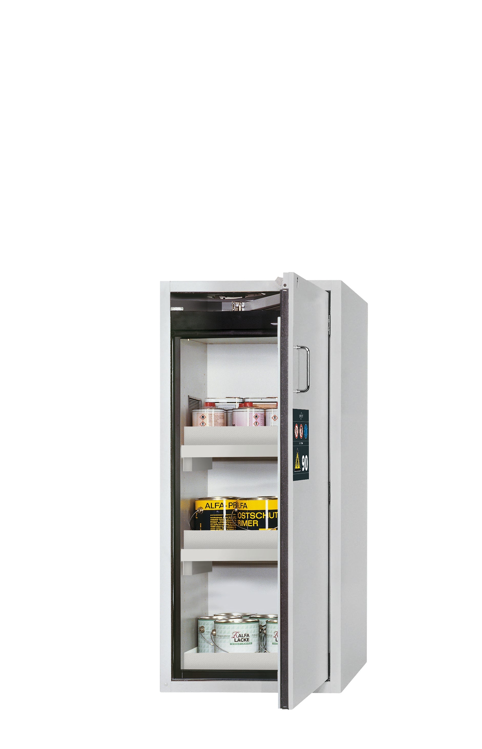 Type 90 safety cabinet S-PEGASUS-90 model S90.129.060.WDACR in light gray RAL 7035 with 2x standard tray base (polypropylene)