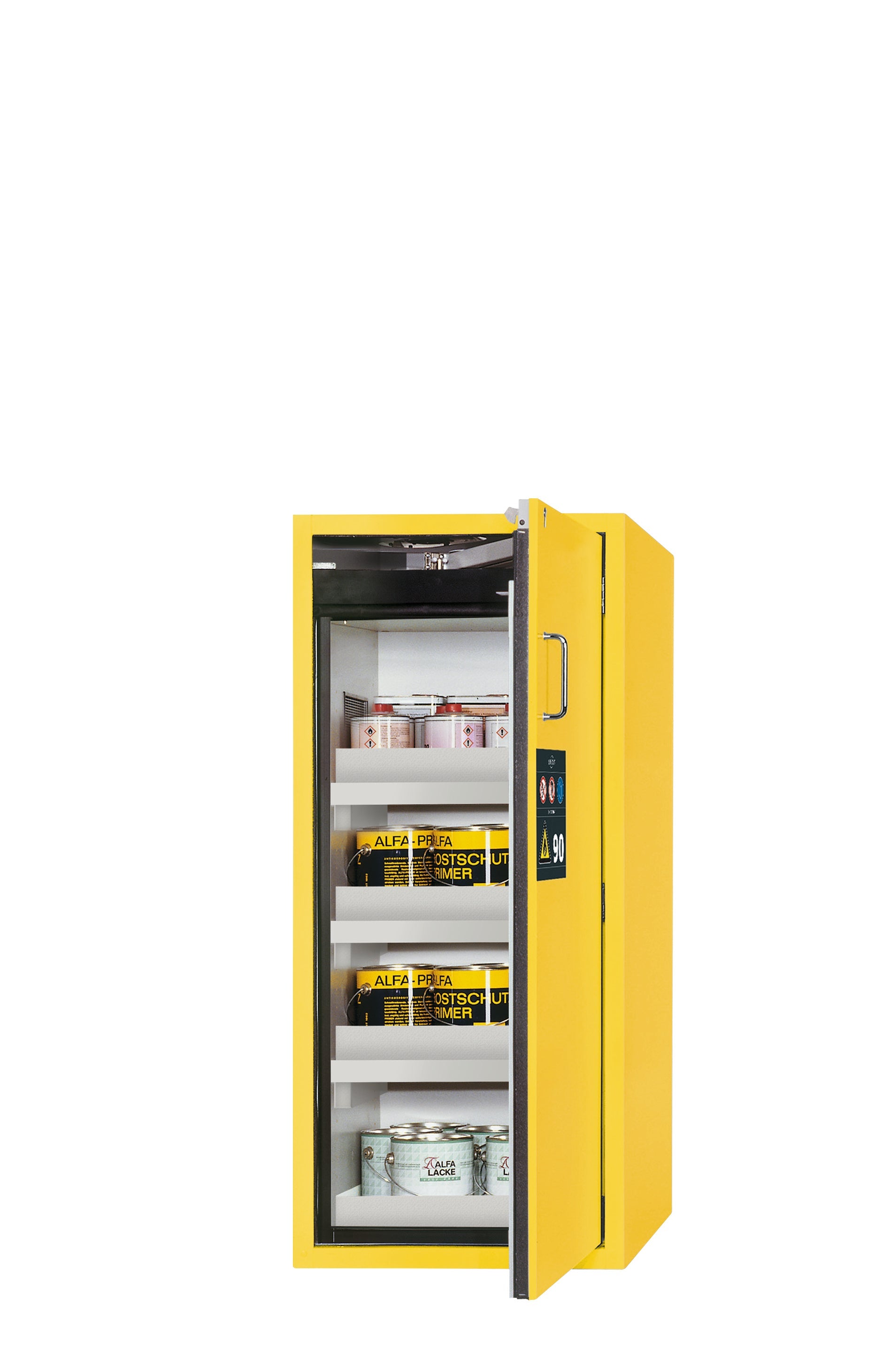 Type 90 safety cabinet S-PEGASUS-90 model S90.129.060.WDACR in safety yellow RAL 1004 with 3x standard tray base (polypropylene)