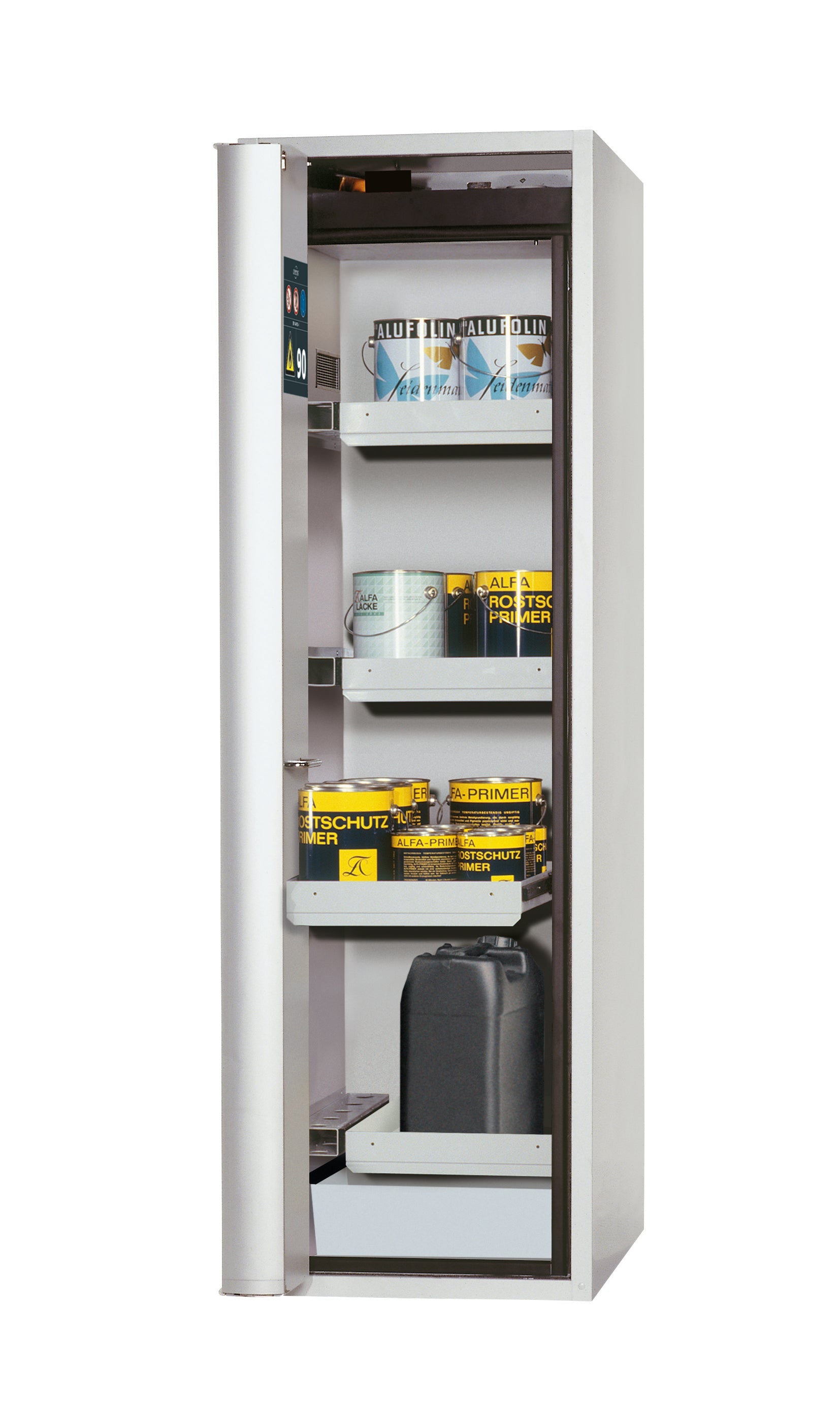 Type 90 safety cabinet S-PHOENIX Vol.2-90 model S90.196.060.075.FDAC in light gray RAL 7035 with 3x standard pull-out tray (sheet steel)