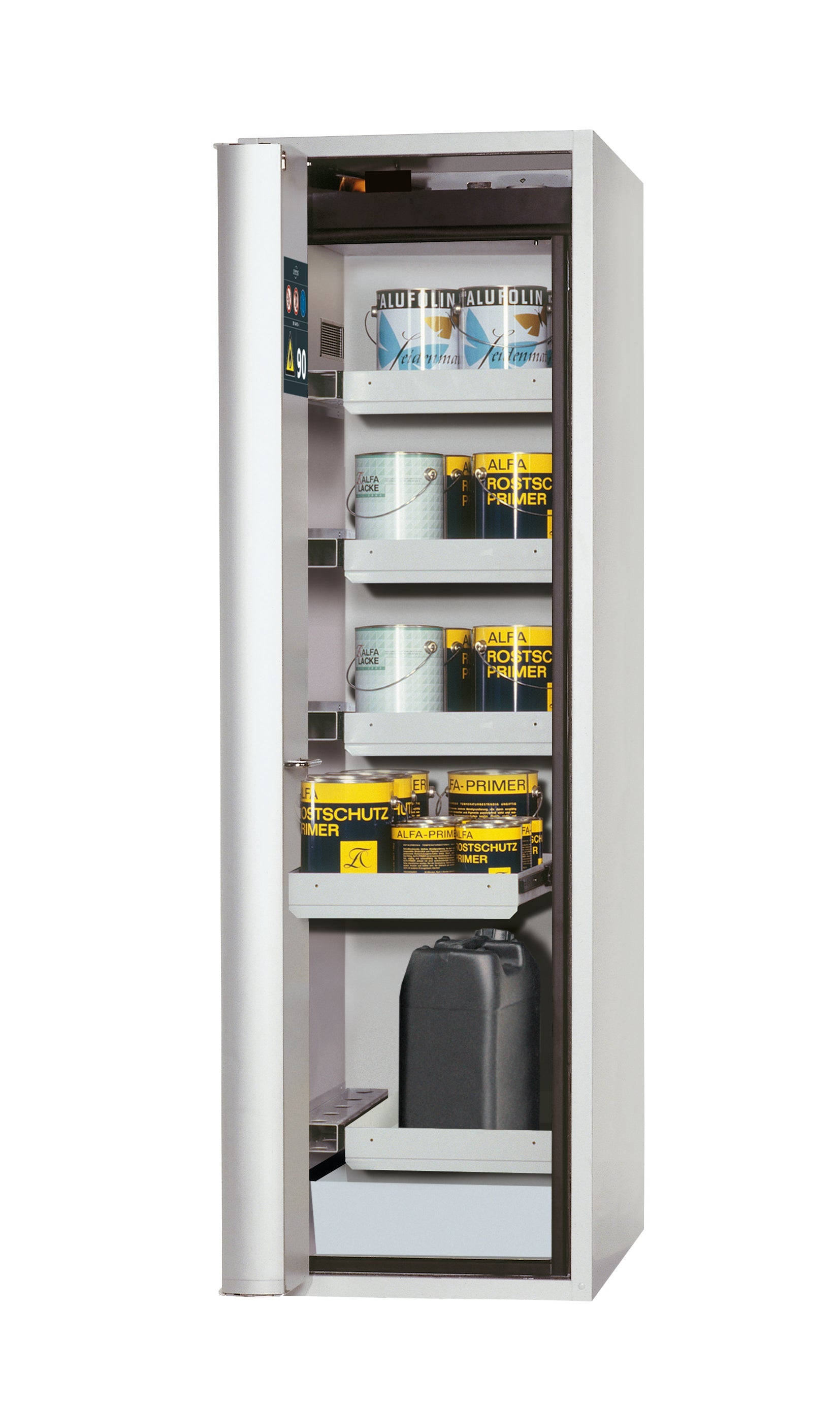 Type 90 safety cabinet S-PHOENIX Vol.2-90 model S90.196.060.075.FDAC in light gray RAL 7035 with 4x standard pull-out tray (sheet steel)