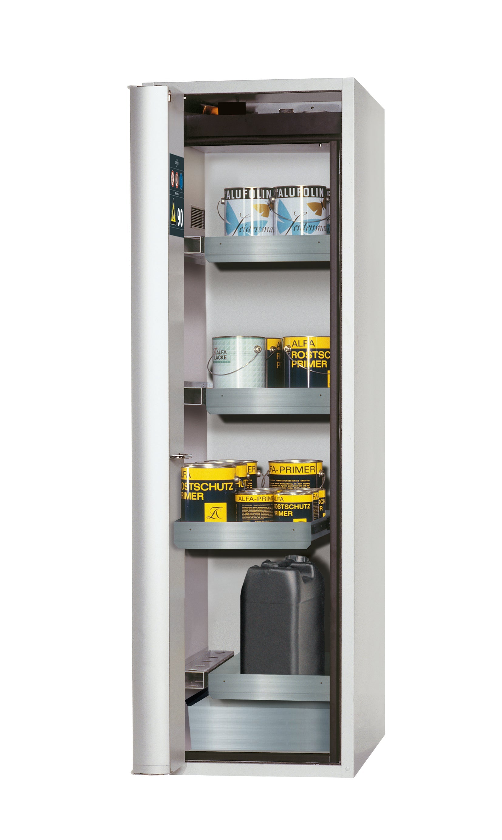 Type 90 safety cabinet S-PHOENIX Vol.2-90 model S90.196.060.075.FDAC in light gray RAL 7035 with 3x standard pull-out tray (stainless steel 1.4301)