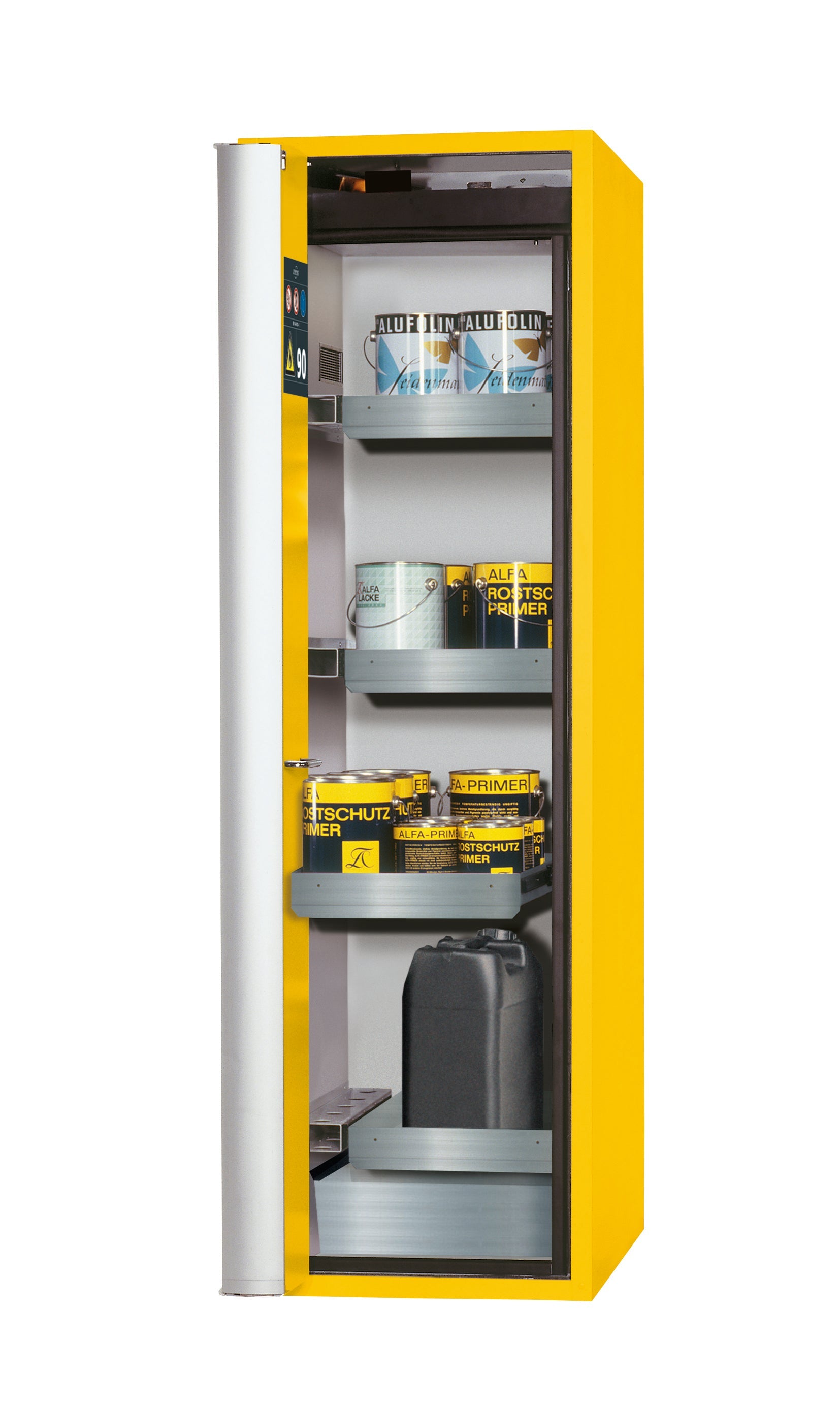 Type 90 safety cabinet S-PHOENIX Vol.2-90 model S90.196.060.075.FDAC in safety yellow RAL 1004 with 3x standard pull-out tray (stainless steel 1.4301)