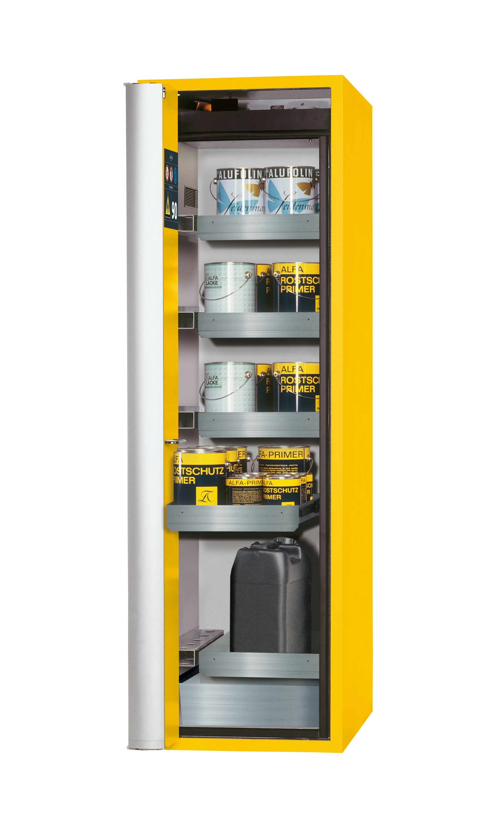 Armoire de sécurité type 90 S-PHOENIX-90 modèle S90.196.060.075.FDAS en jaune de sécurité RAL 1004 avec 4x plateaux coulissants standard (acier inoxydable 1.4301)