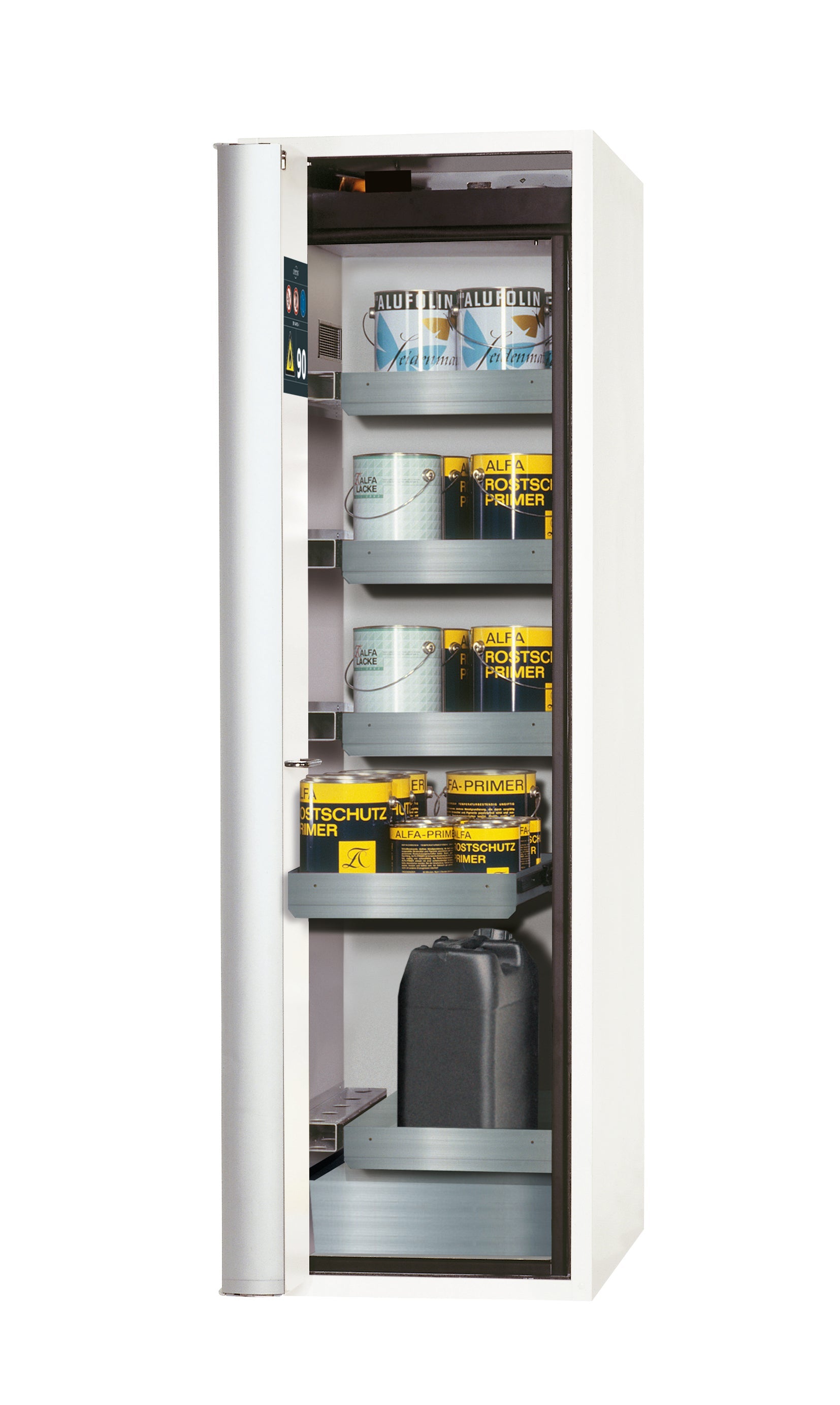 Armoire de sécurité type 90 S-PHOENIX-90 modèle S90.196.060.075.FDAS en blanc de laboratoire (similaire à RAL 9016) avec 4x plateaux coulissants standard (acier inoxydable 1.4301)