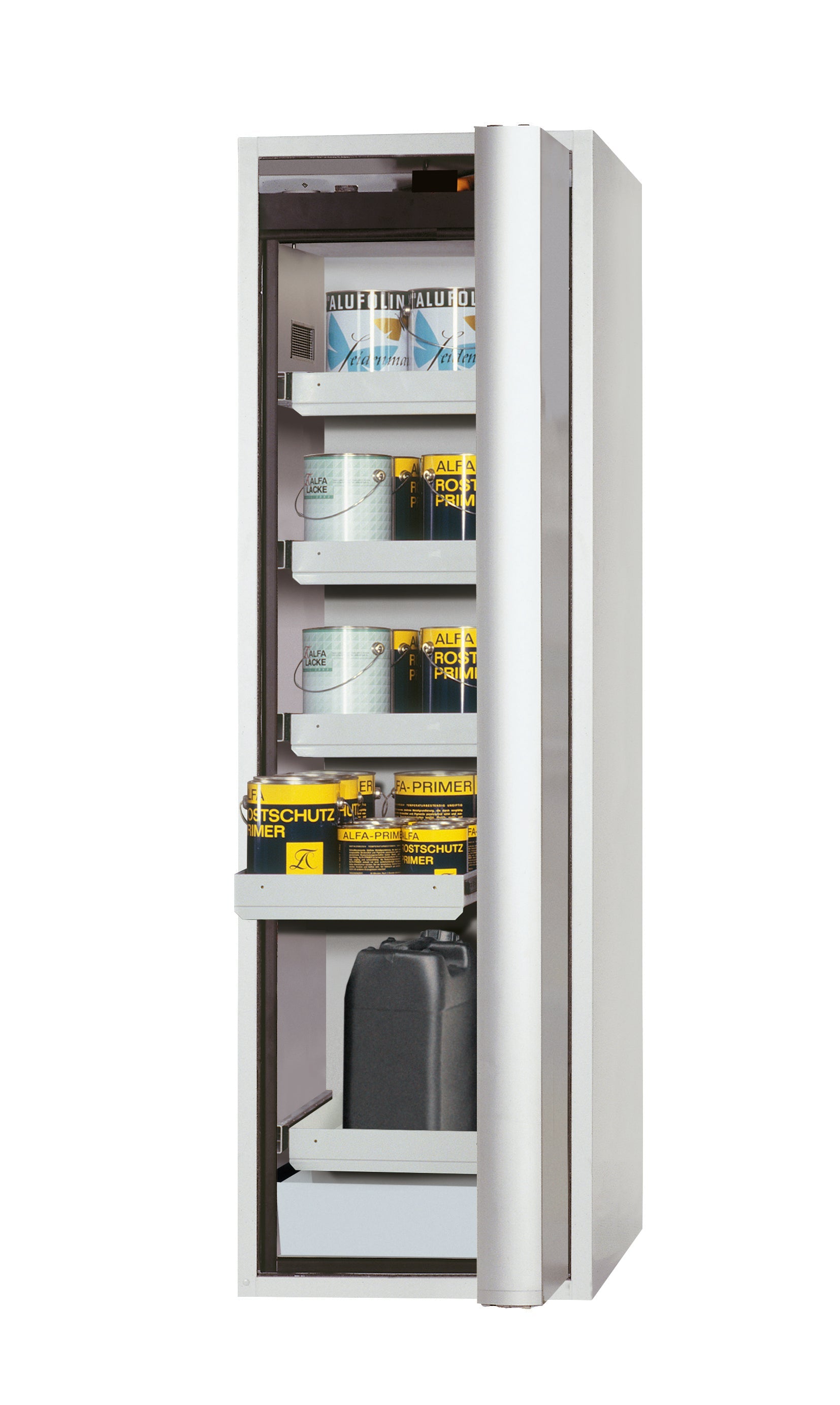 Type 90 safety cabinet S-PHOENIX Vol.2-90 model S90.196.060.075.FDACR in light gray RAL 7035 with 4x standard pull-out tray (sheet steel)