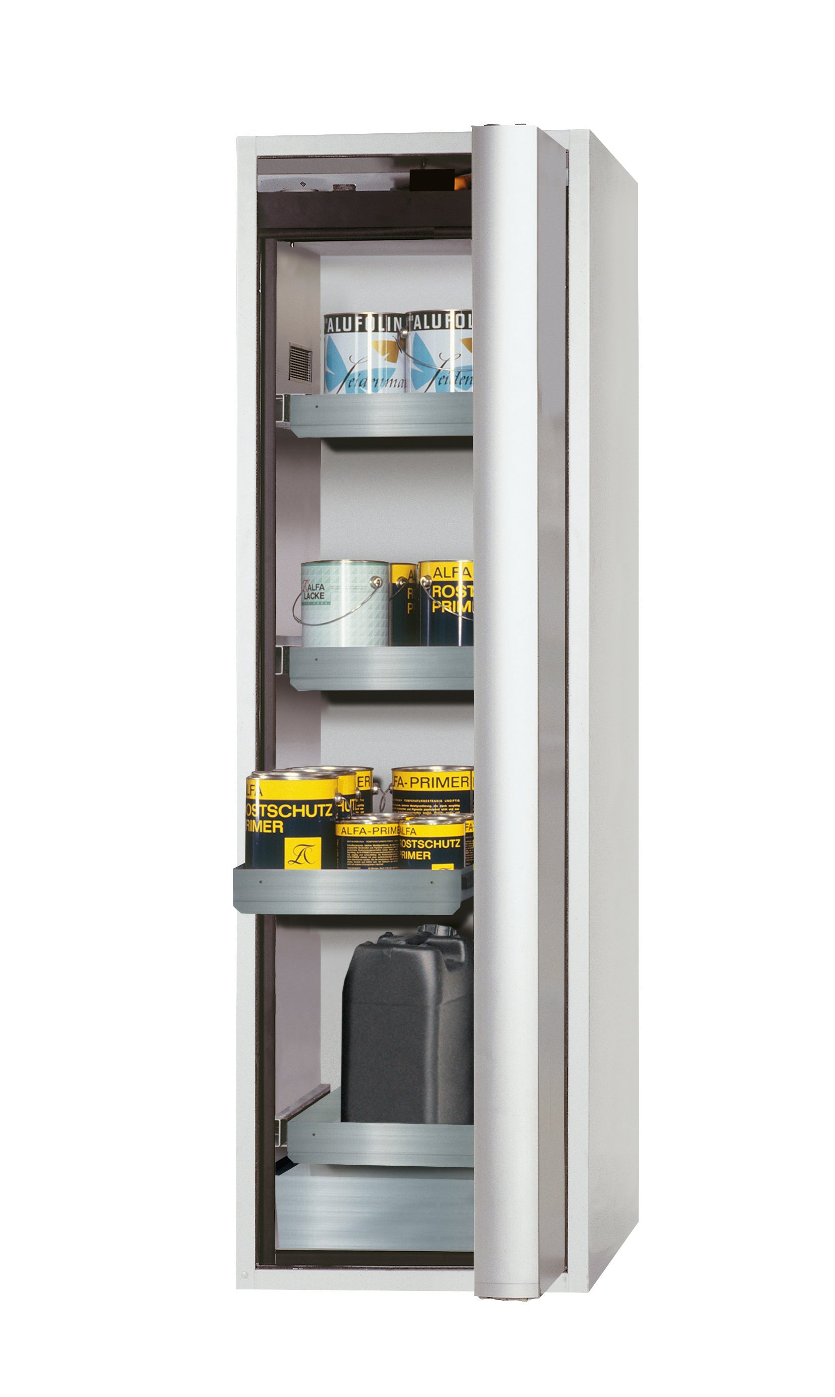 Type 90 safety cabinet S-PHOENIX Vol.2-90 model S90.196.060.075.FDACR in light gray RAL 7035 with 3x standard pull-out tray (stainless steel 1.4301)