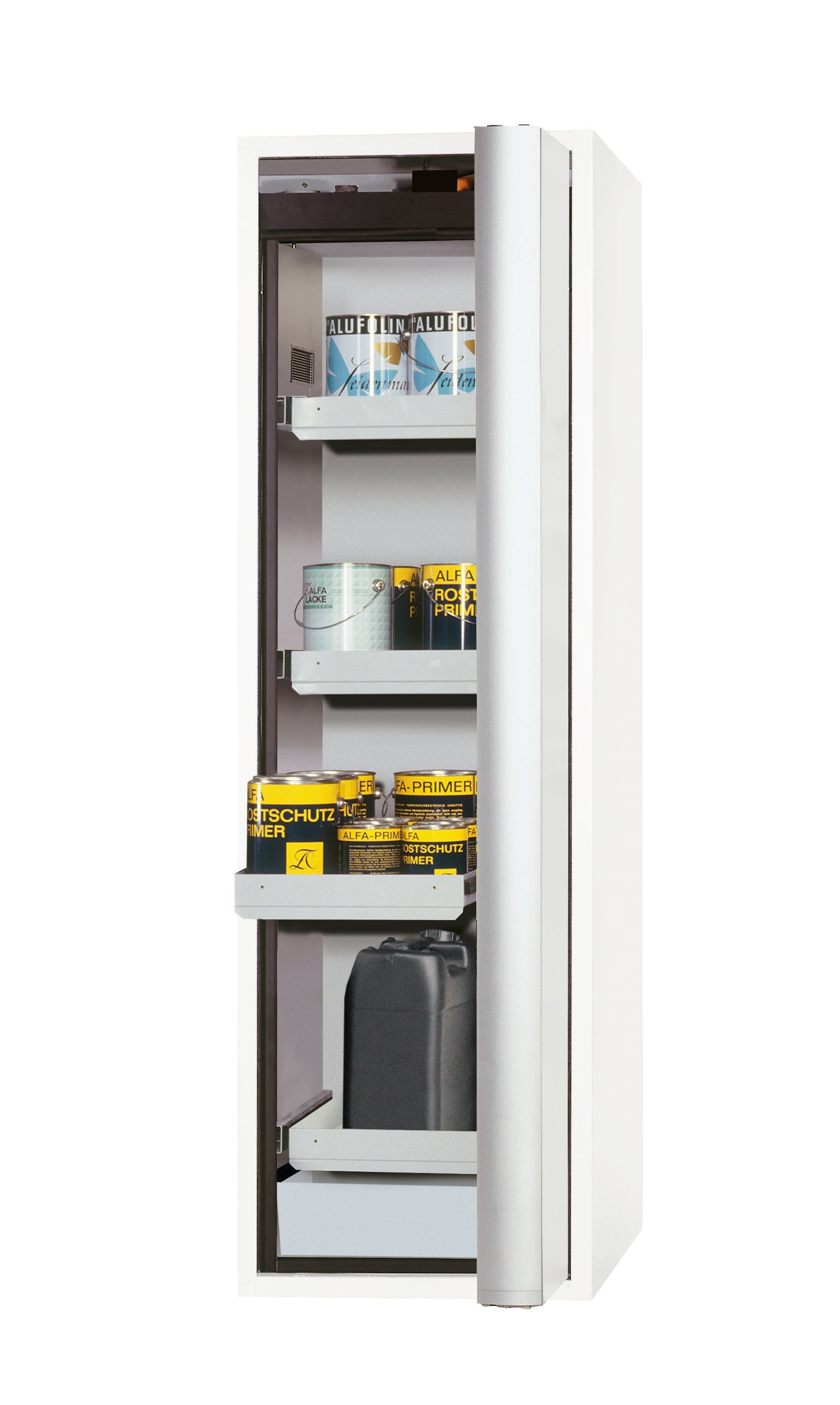 Armoire de sécurité type 90 S-PHOENIX-90 modèle S90.196.060.075.FDASR en blanc de laboratoire (similaire à RAL 9016) avec 3 plateaux coulissants standard (tôle d'acier)