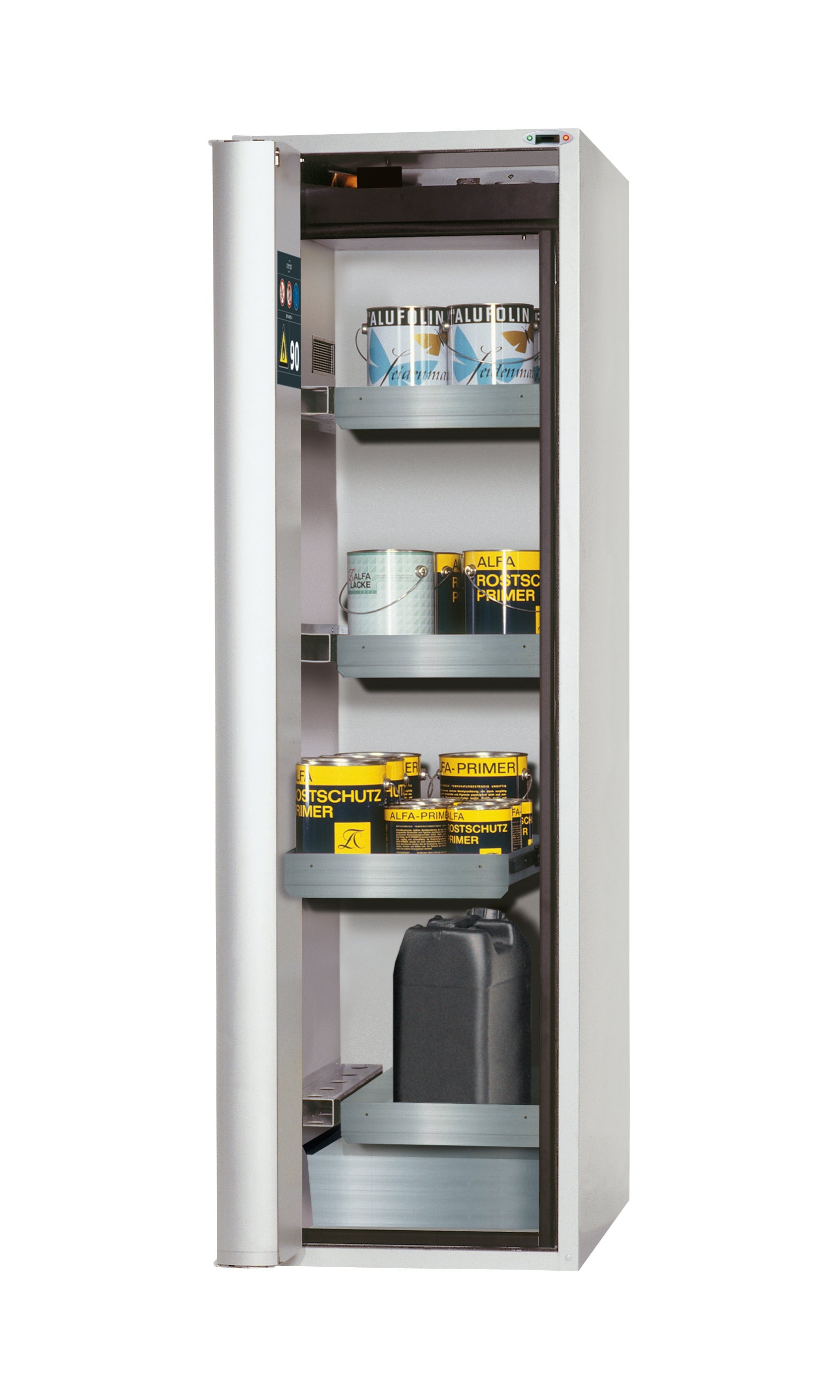 Type 90 safety cabinet S-PHOENIX touchless-90 model S90.196.060.075.FDAO in light gray RAL 7035 with 3x standard pull-out tray (stainless steel 1.4301)