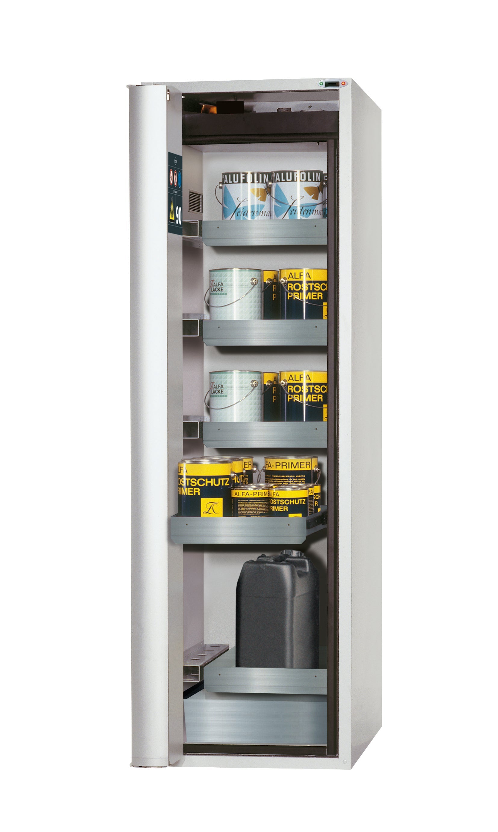 Type 90 safety cabinet S-PHOENIX touchless-90 model S90.196.060.075.FDAO in light gray RAL 7035 with 4x standard pull-out tray (stainless steel 1.4301)