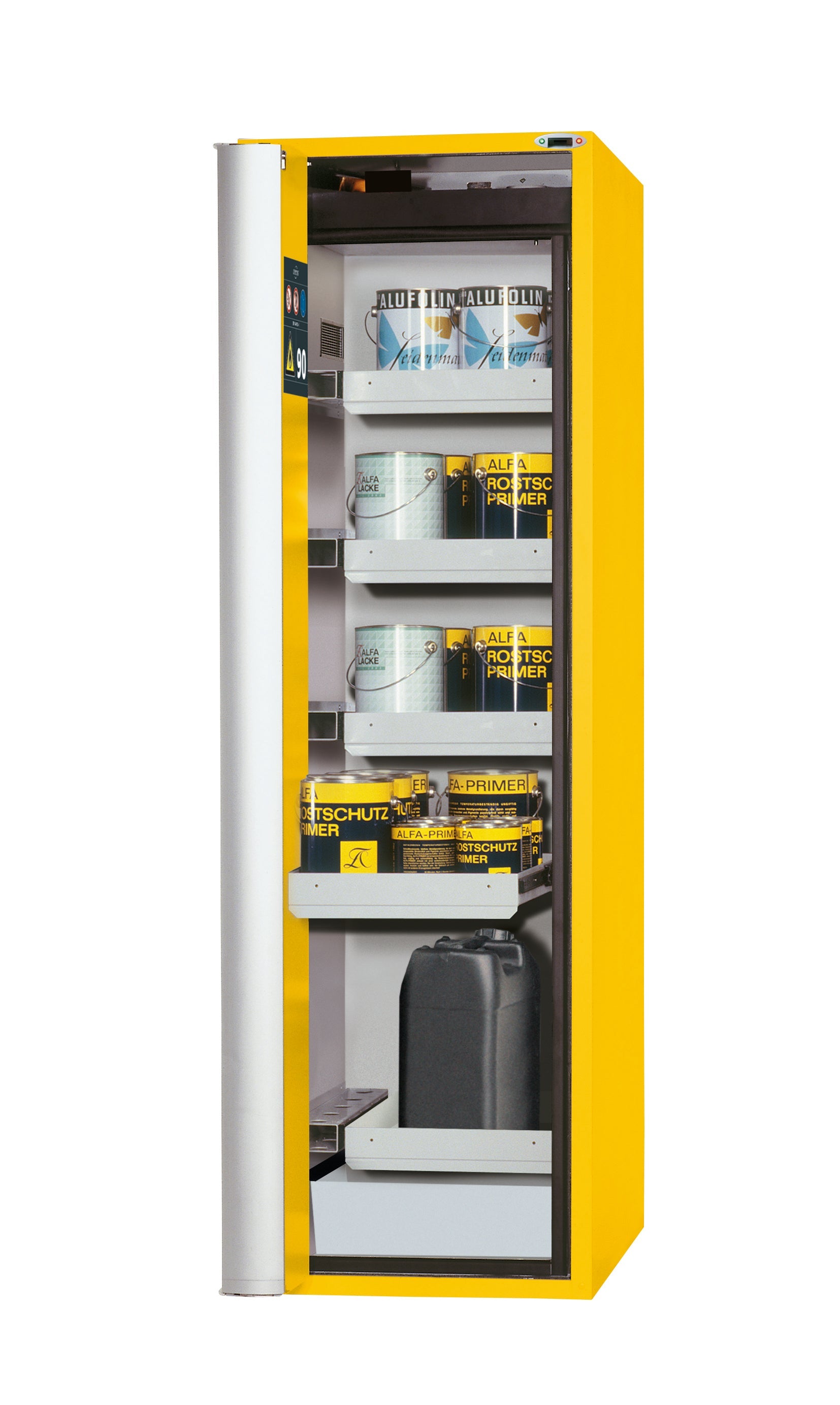 Type 90 safety cabinet S-PHOENIX touchless-90 model S90.196.060.075.FDAO in safety yellow RAL 1004 with 4x standard pull-out tray (sheet steel)