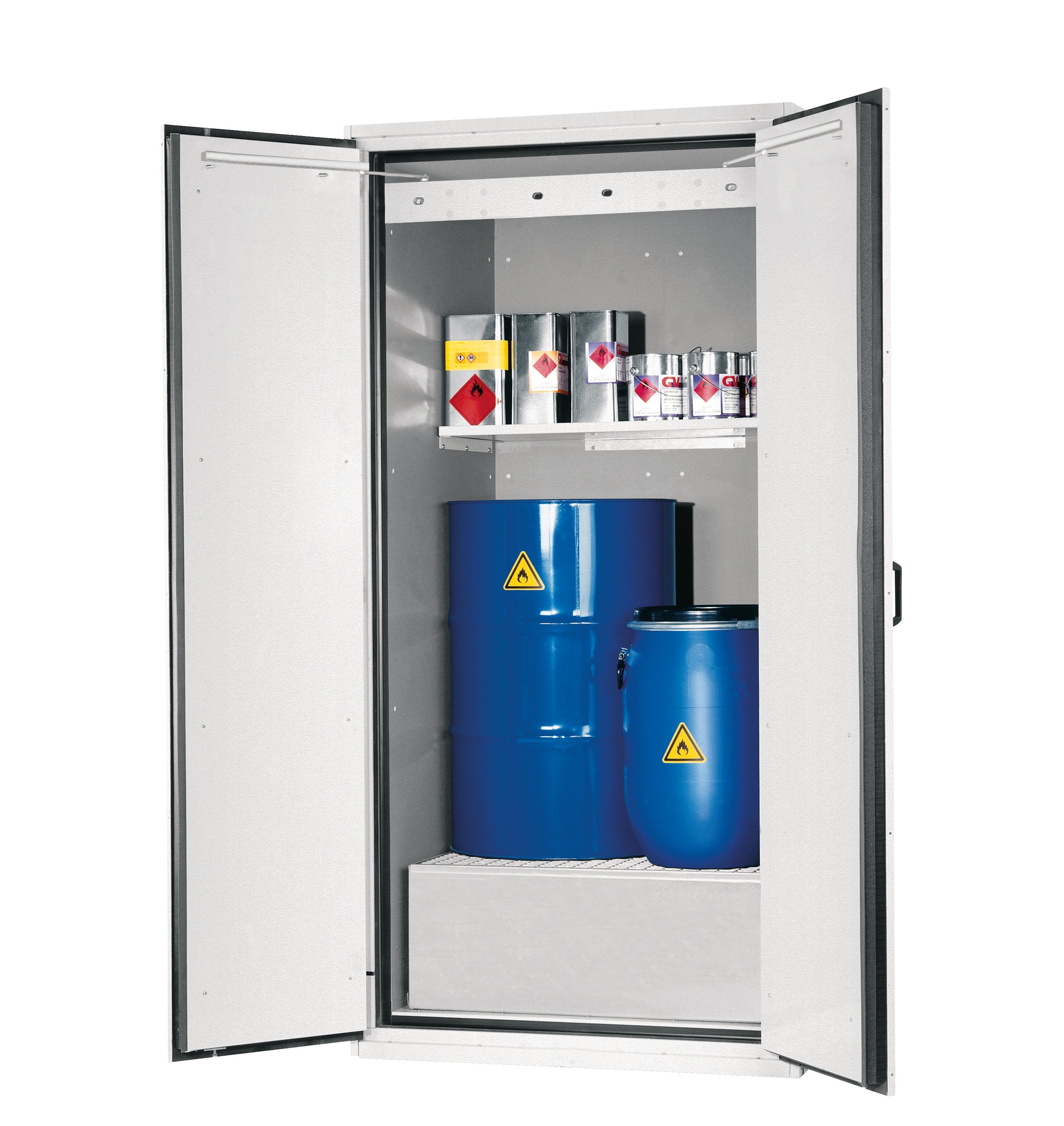Type 90 safety cabinet XL-CLASSIC-90 model XL90.222.110.WDAS in light gray RAL 7035 with 1x standard shelf (sheet steel)