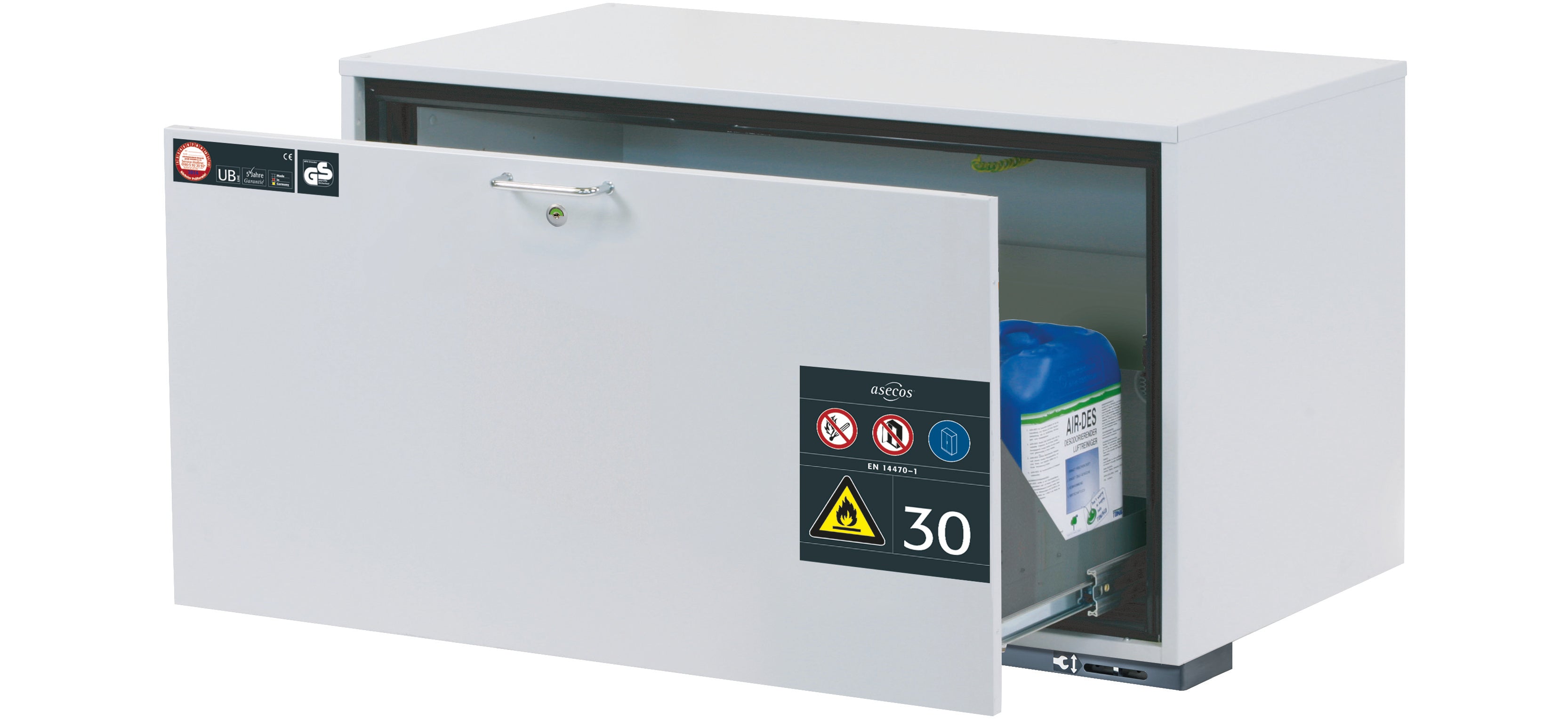 Type 30 safety base cabinet UB-S-30 model UB30.060.110.S in light gray RAL 7035 with 1x drawer tray STAWA-R (stainless steel 1.4301)