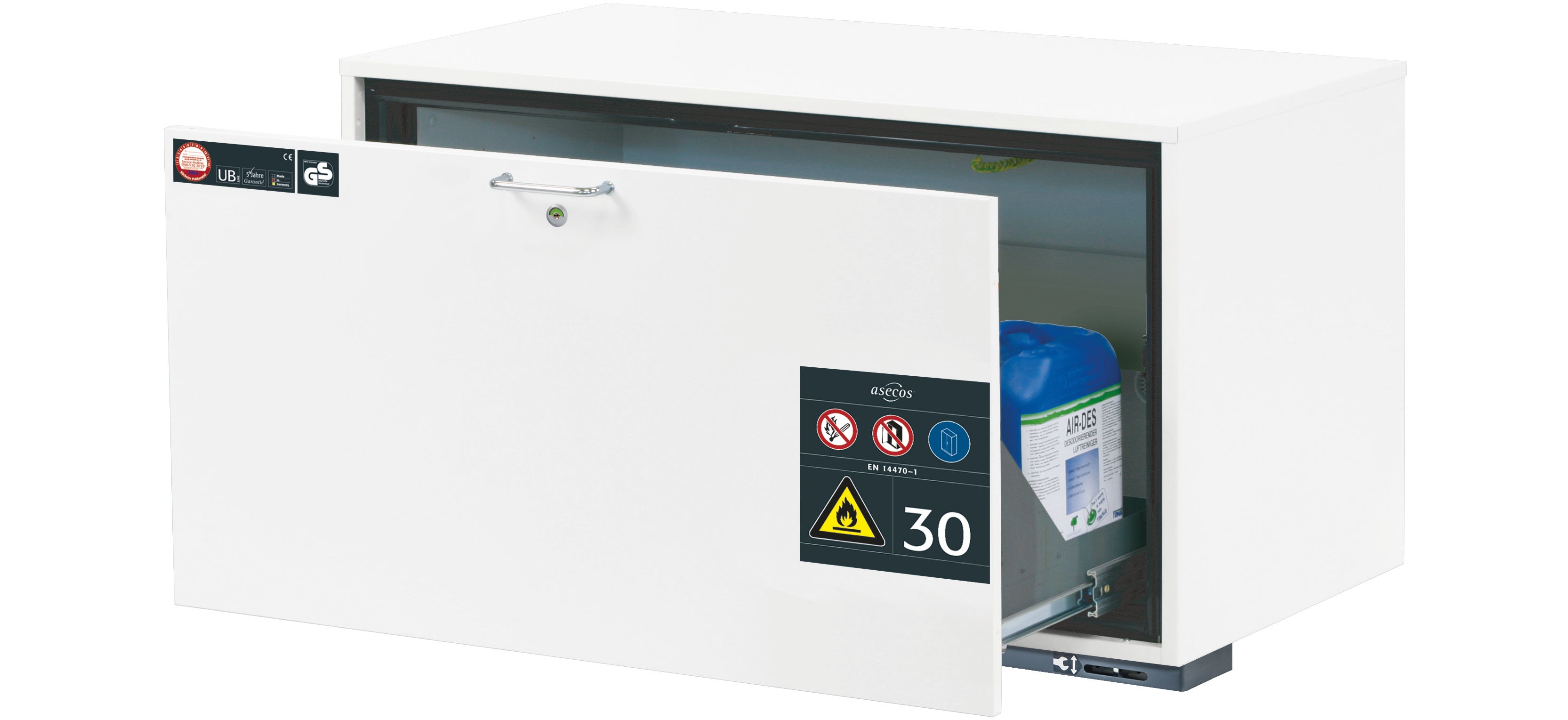 Type 30 safety base cabinet UB-S-30 model UB30.060.110.S in laboratory white (similar to RAL 9016) with 1x drawer tray STAWA-R (stainless steel 1.4301)