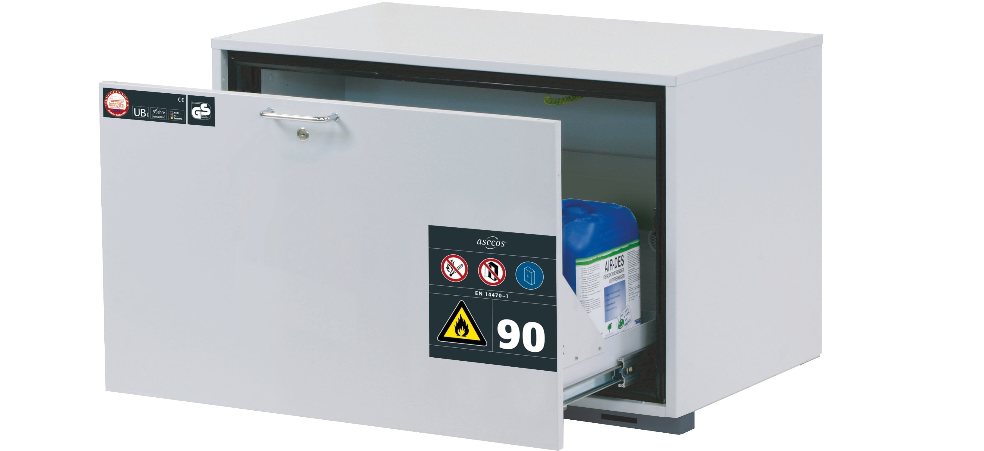 Type 90 safety base cabinet UB-S-90 model UB90.060.089.S in light gray RAL 7035 with 1x drawer tray STAWA-R (sheet steel)