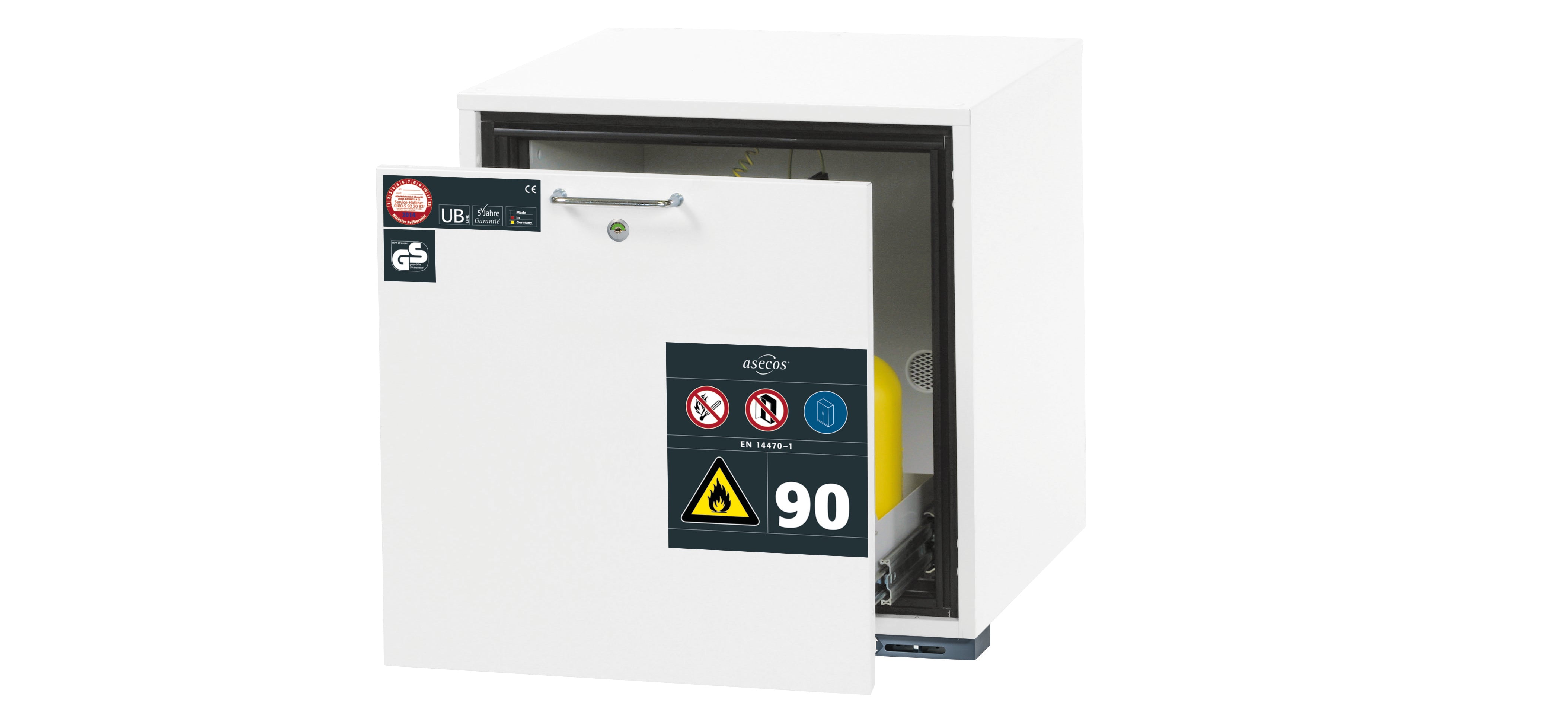 Type 90 safety base cabinet UB-S-90 model UB90.060.059.S in laboratory white (similar to RAL 9016) with 1x drawer tray STAWA-R (sheet steel)