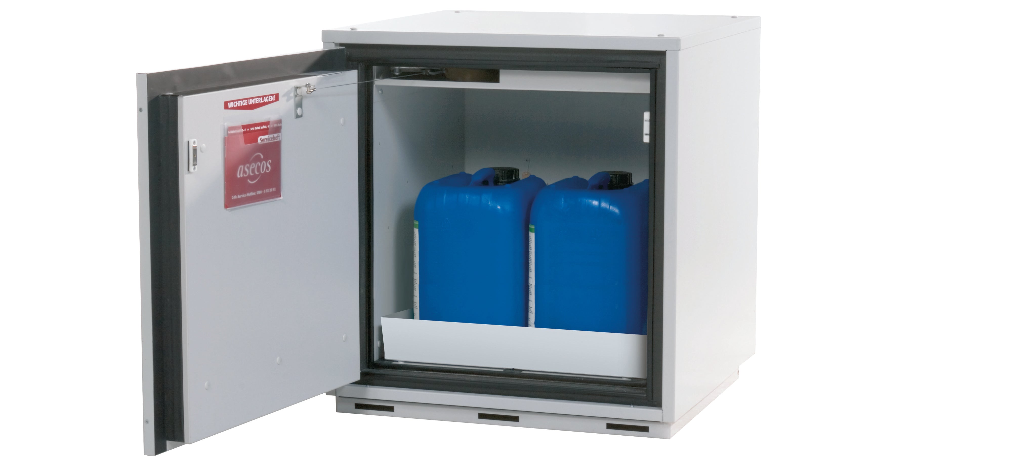 Type 90 safety base cabinet UB-T-90 model UB90.060.059.T in light gray RAL 7035 with 1x perforated sheet metal insert standard (sheet steel)