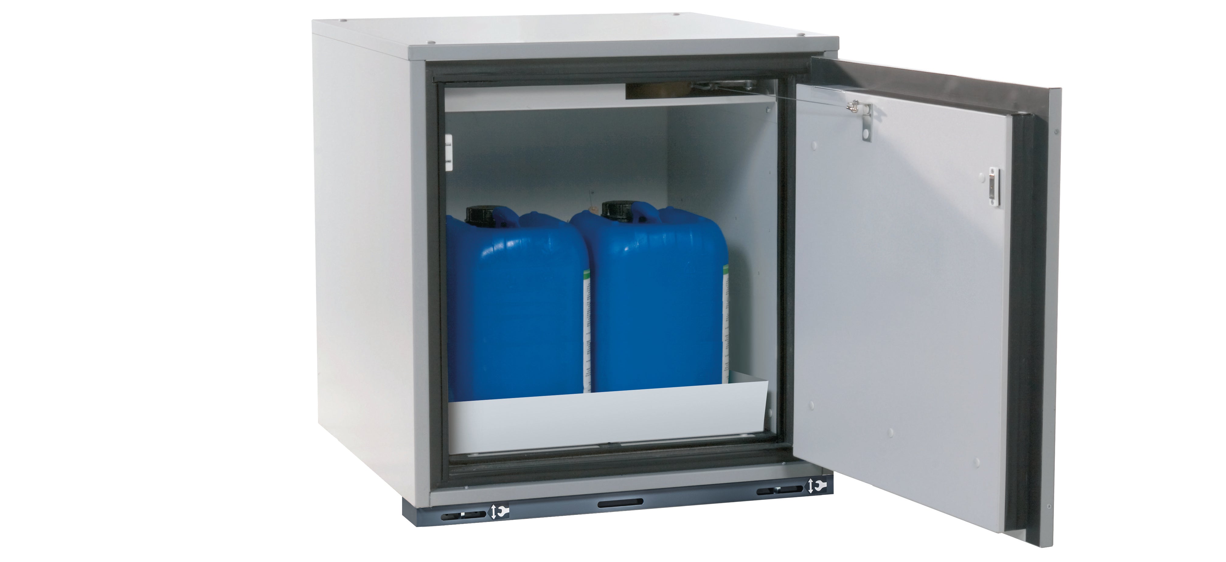 Type 90 safety base cabinet UB-T-90 model UB90.060.059.TR in light gray RAL 7035 with 1x perforated sheet metal insert standard (sheet steel)