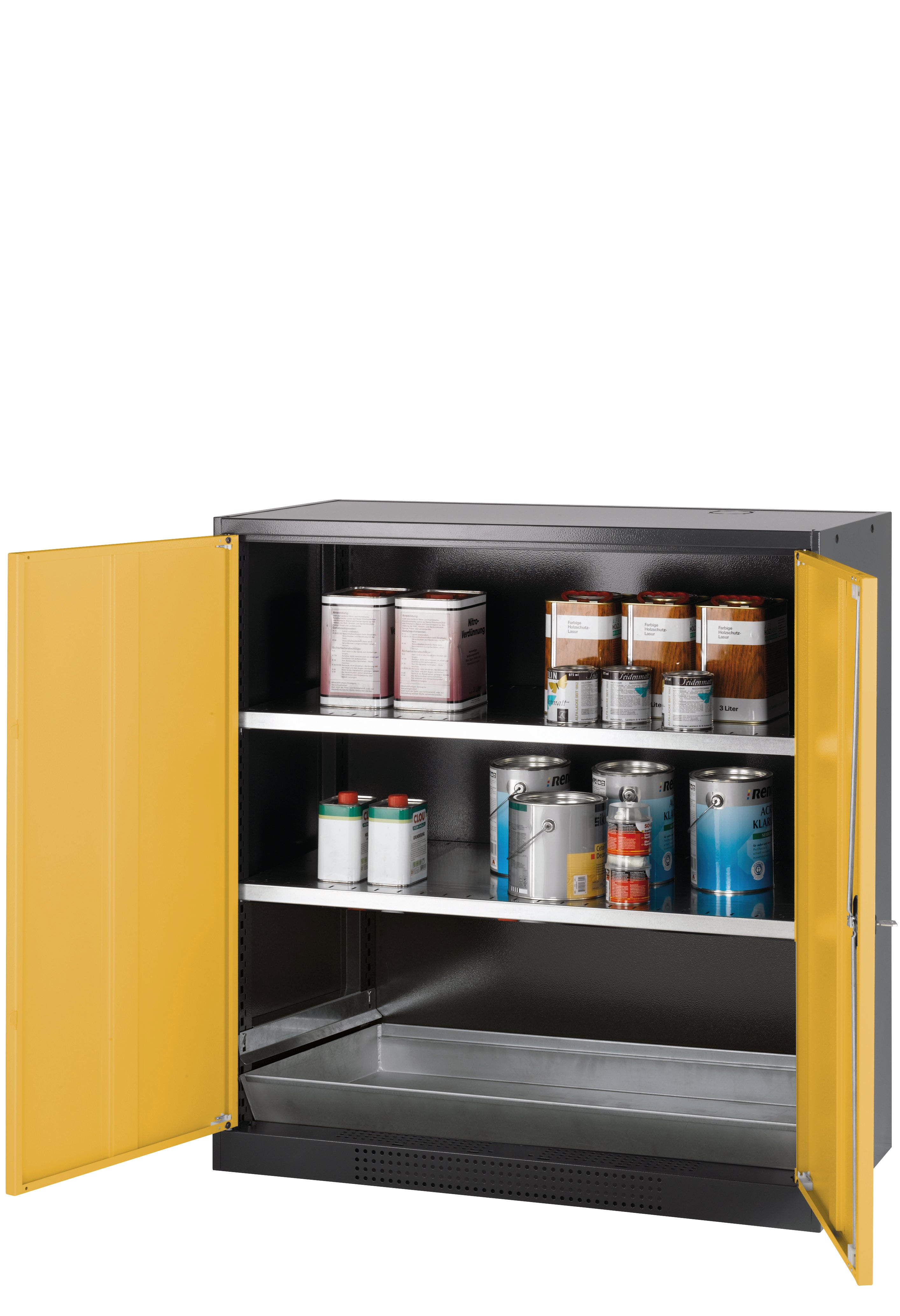 Chemical cabinet CS-CLASSIC model CS.110.105 in safety yellow RAL 1004 with 2x standard shelves (sheet steel)