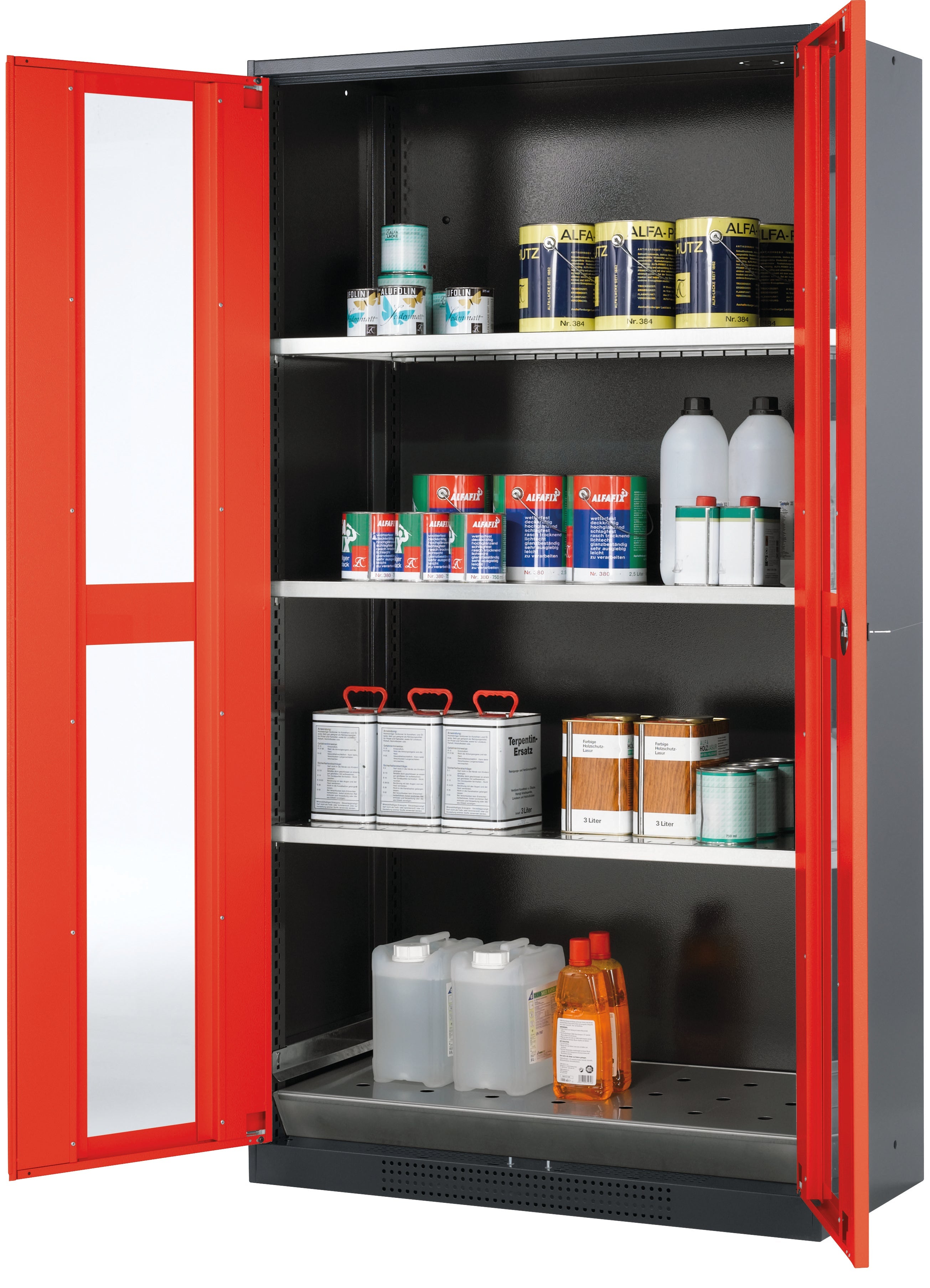 Chemikalienschrank CS-CLASSIC-G Modell CS.195.105.WDFW in verkehrsrot RAL 3020 mit 3x Fachboden Standard (Stahlblech)