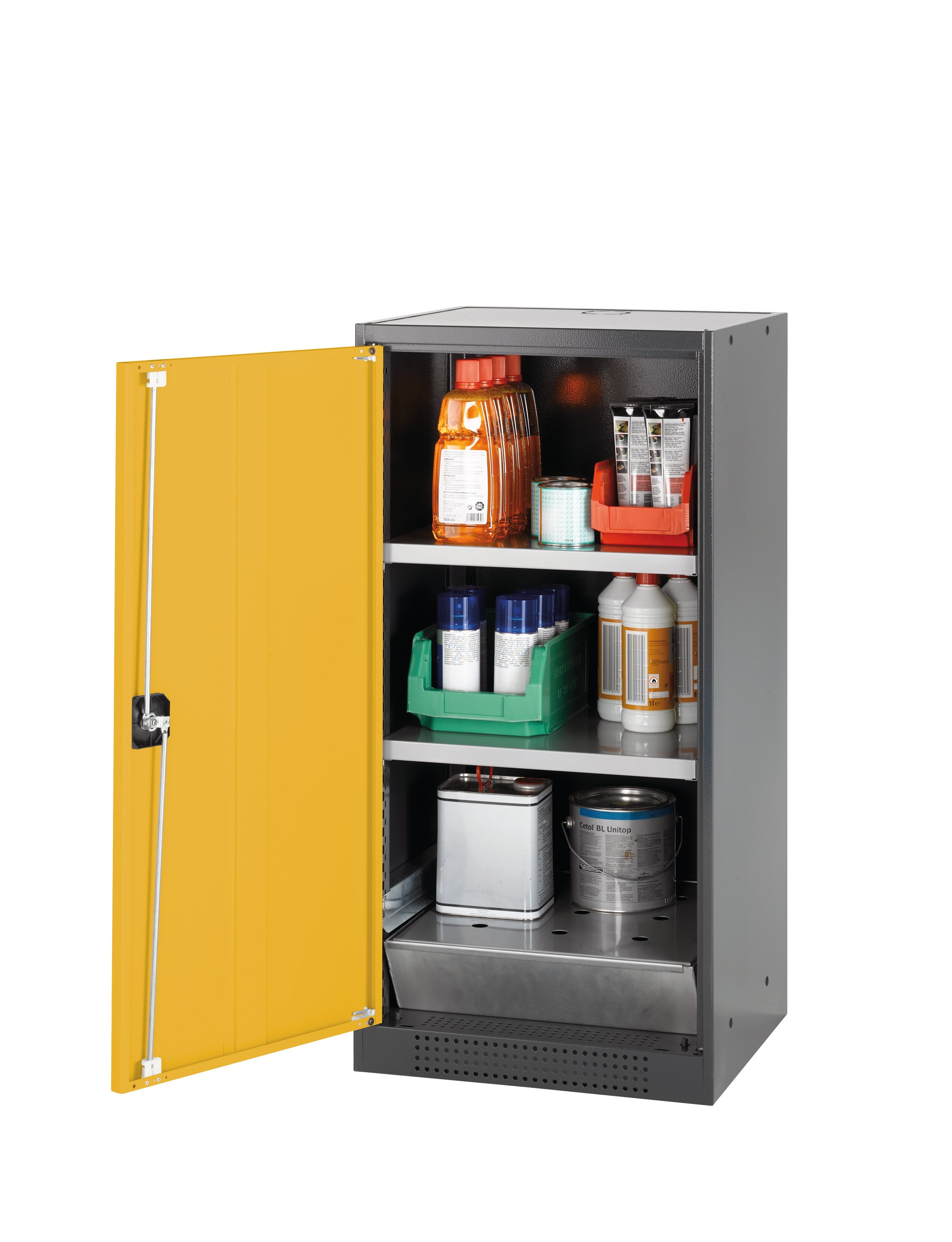 Chemical cabinet CS-CLASSIC model CS.110.054 in safety yellow RAL 1004 with 2x standard shelves (sheet steel)