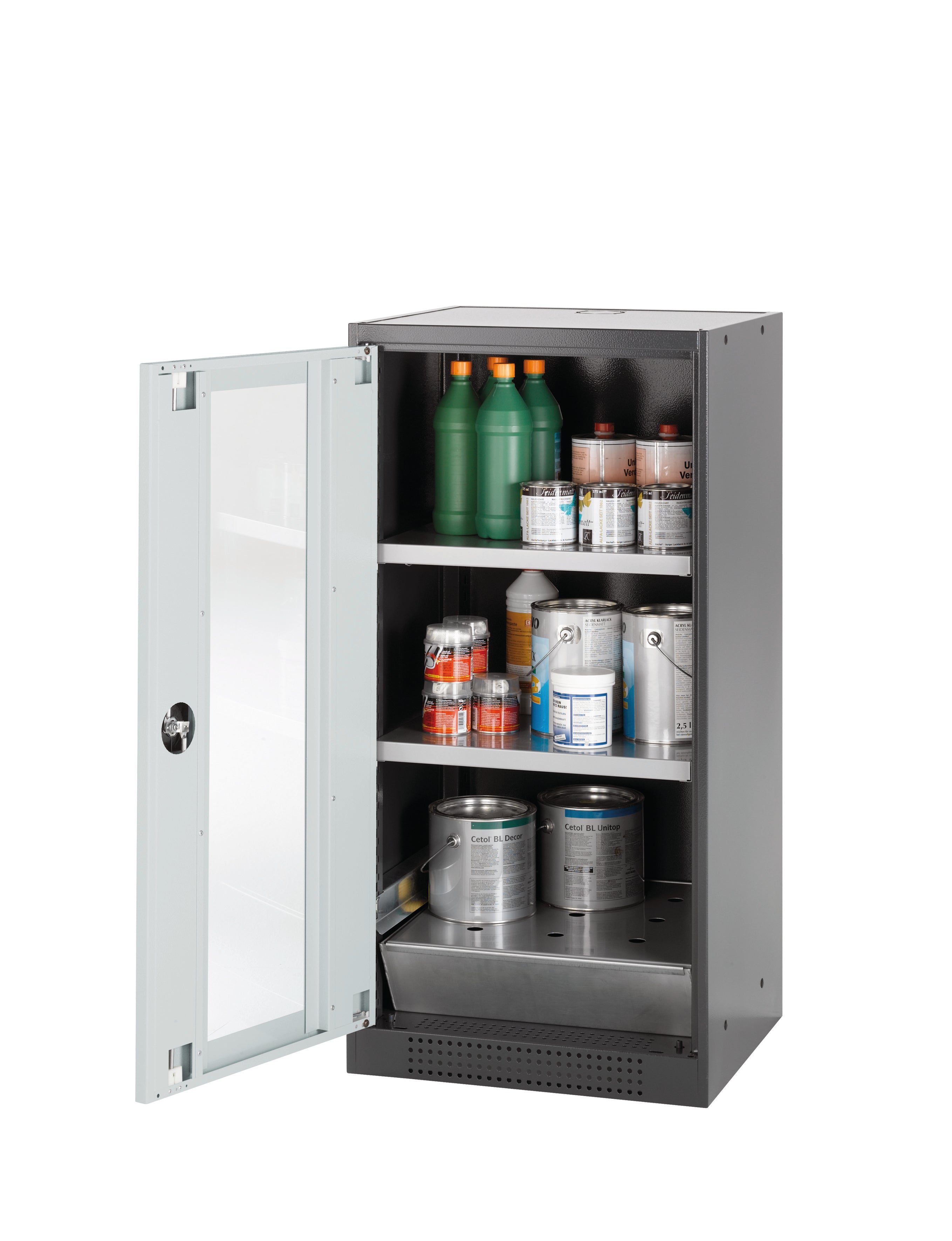 Chemical cabinet CS-CLASSIC model CS.110.054 in light gray RAL 7035 with 2x standard shelves (sheet steel)