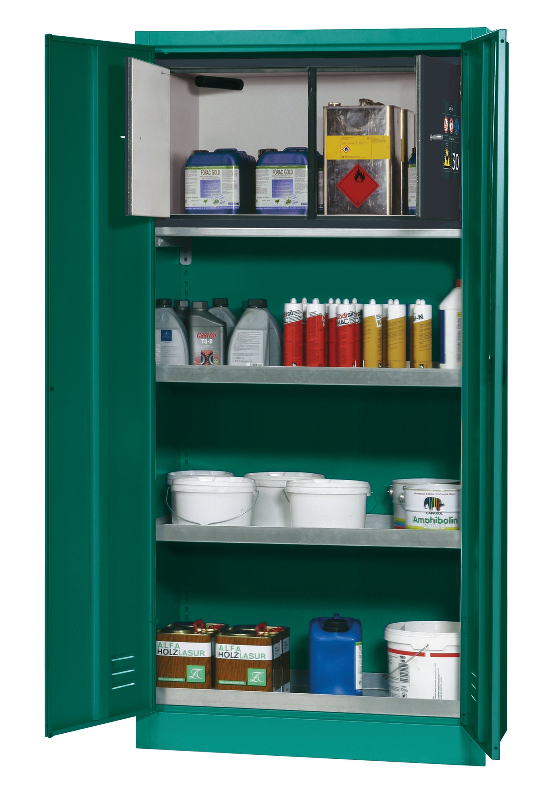 Plant protection product cabinet E-PSM-UF model EP.195.095.F (incl. Type 30 box) in turquoise green RAL 6016 with 2x standard tray base (sheet steel)