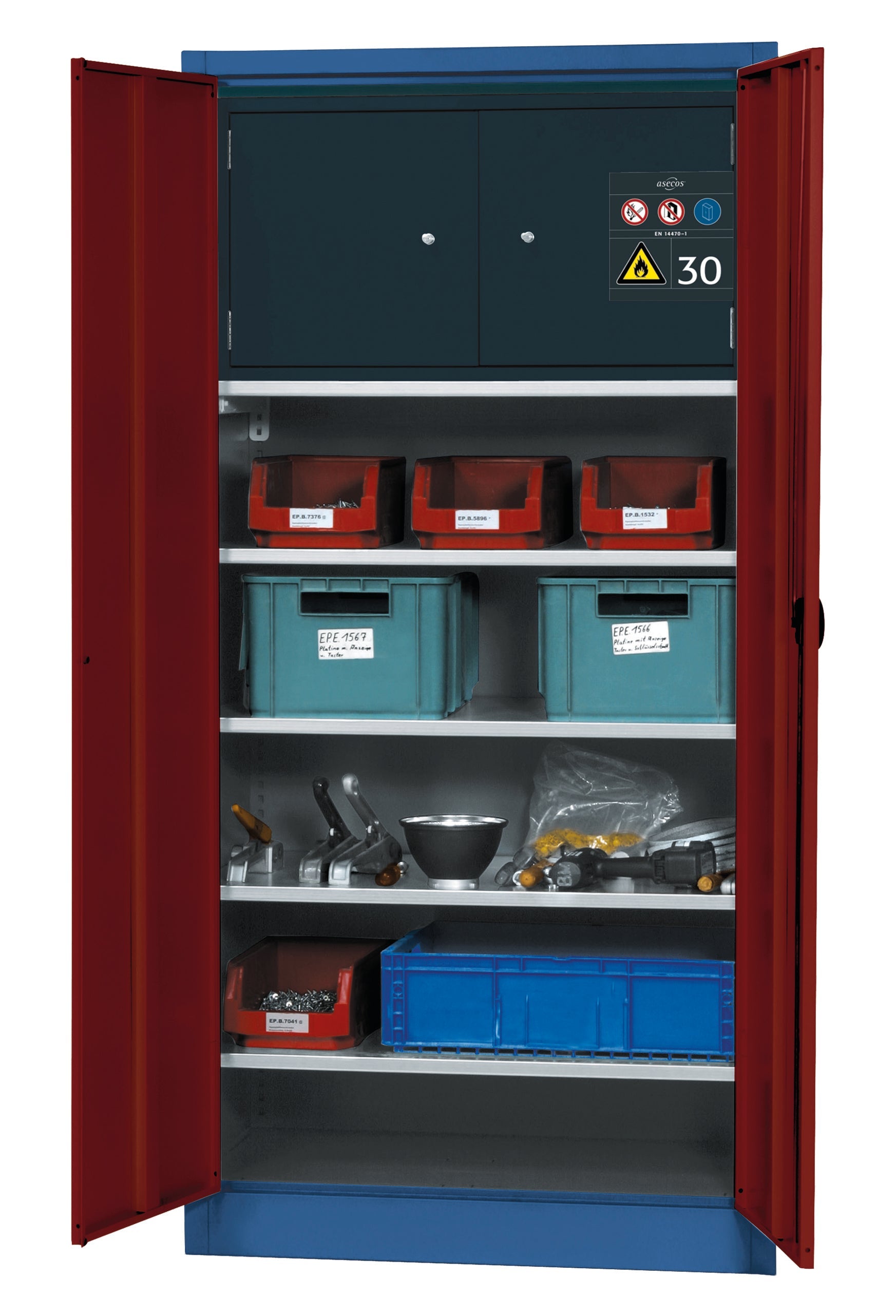 Material cabinet E-CLASSIC-MF model EM.195.095.F (incl. Type 30 box) in purple red RAL 3004 with 4x standard shelves (sheet steel)