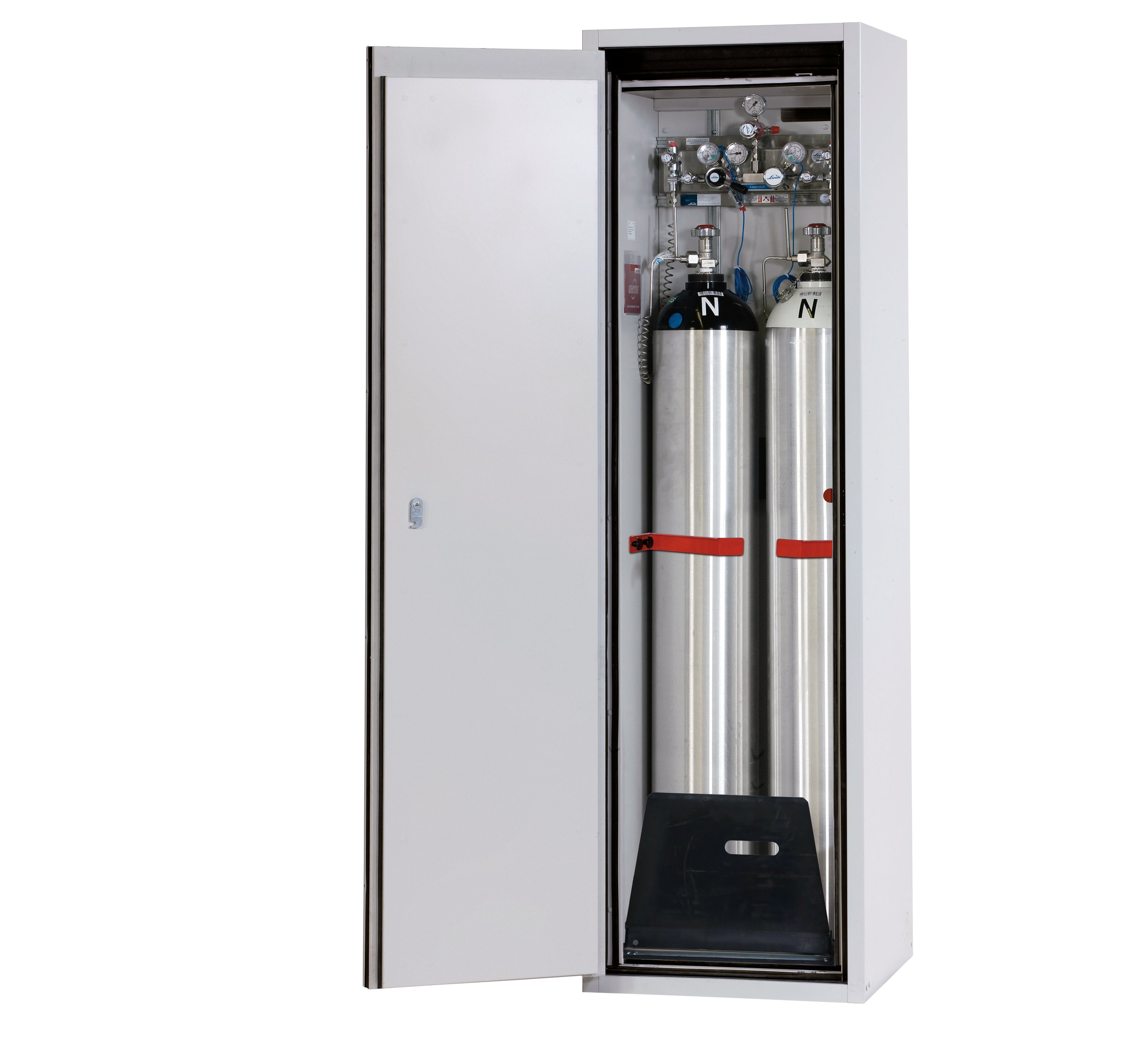 Type 90 compressed gas bottle cabinet G-ULTIMATE-90 model G90.205.060.2F in light gray RAL 7035 with standard interior fittings for 2x compressed gas bottles of 50 liters each