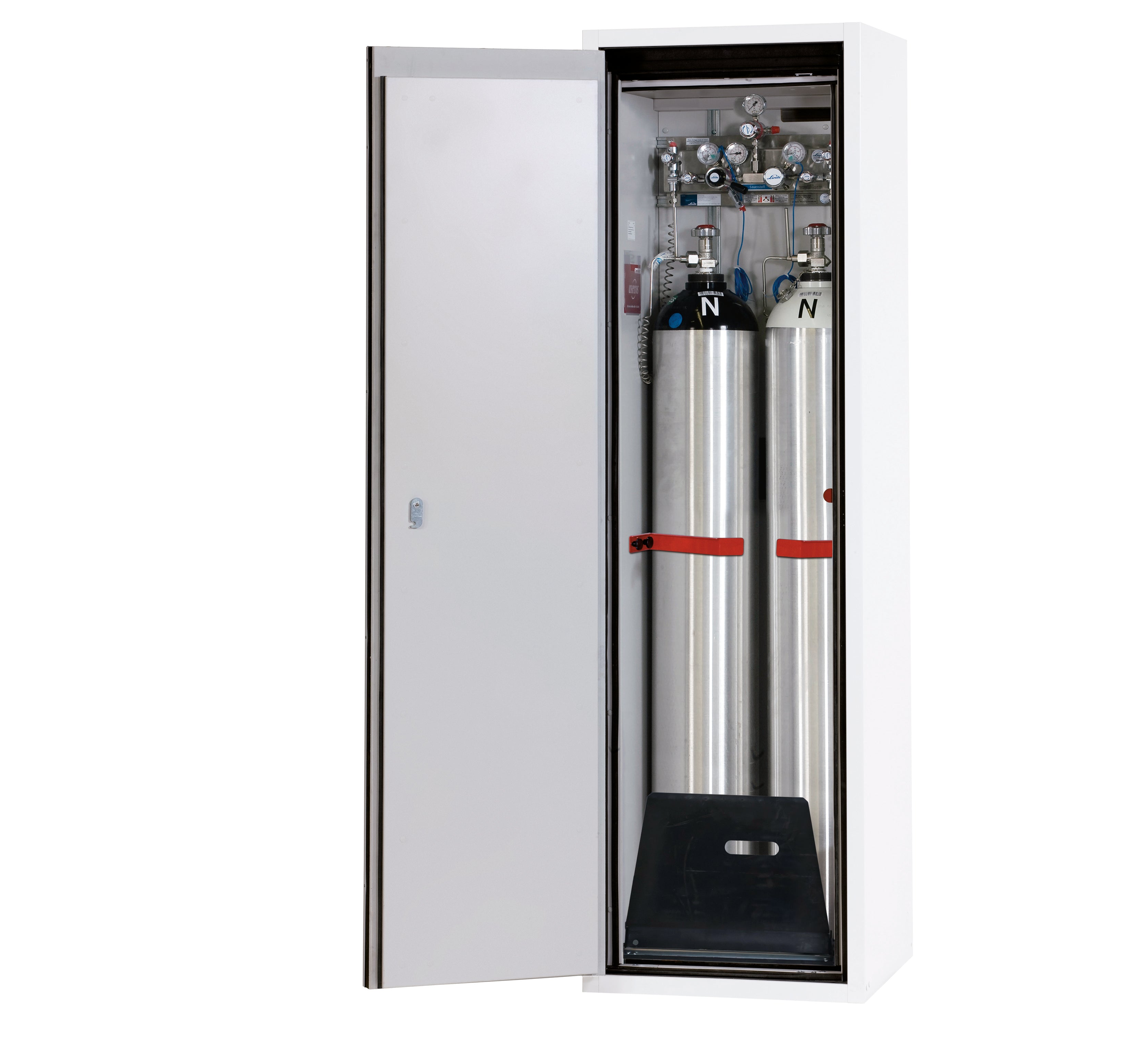 Type 90 compressed gas bottle cabinet G-ULTIMATE-90 model G90.205.060.2F in laboratory white (similar to RAL 9016) with standard interior fittings for 2x compressed gas bottles of 50 liters each