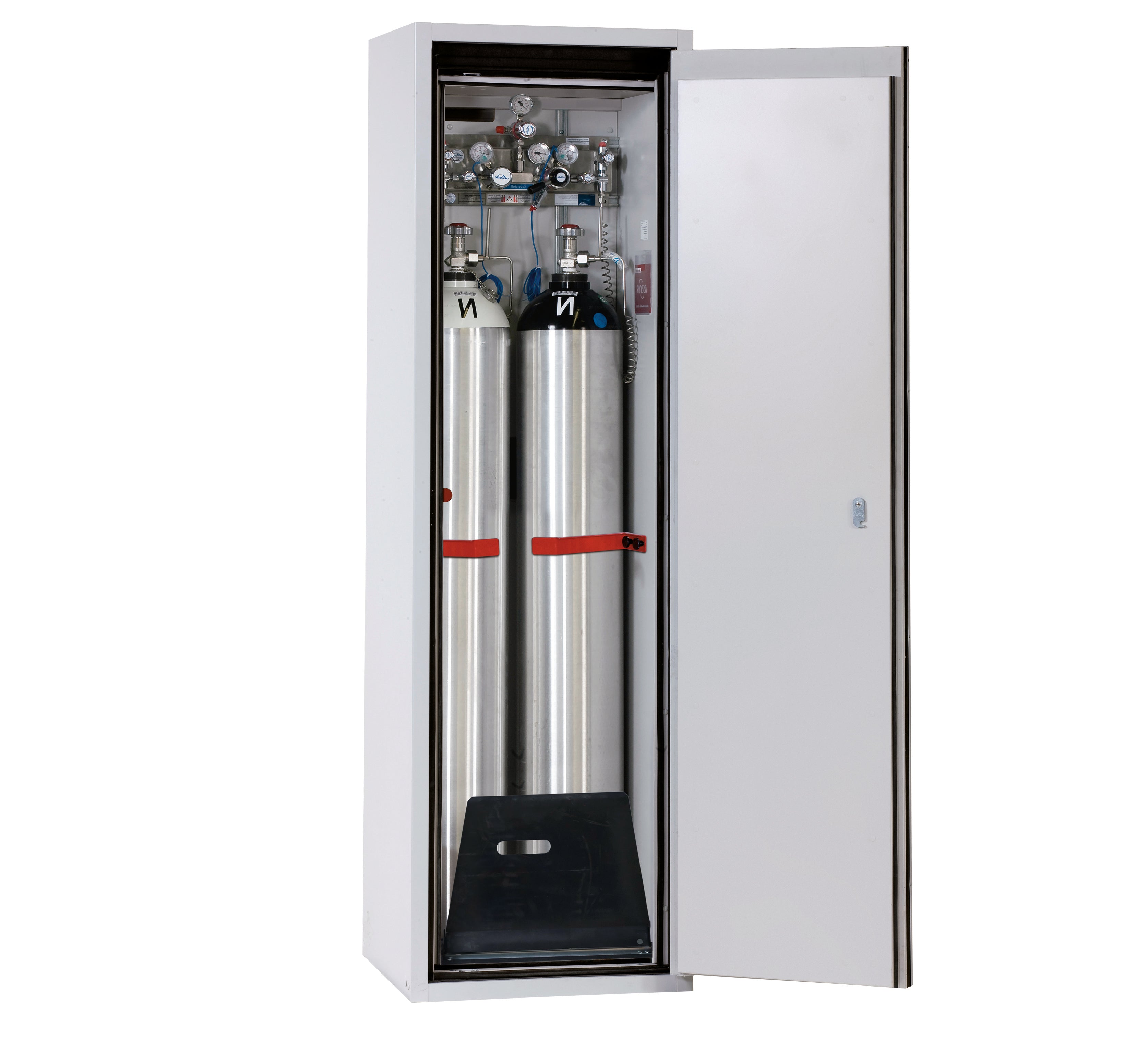 Type 90 compressed gas bottle cabinet G-ULTIMATE-90 model G90.205.060.2F.R in light gray RAL 7035 with standard interior fittings for 2x compressed gas bottles of 50 liters each