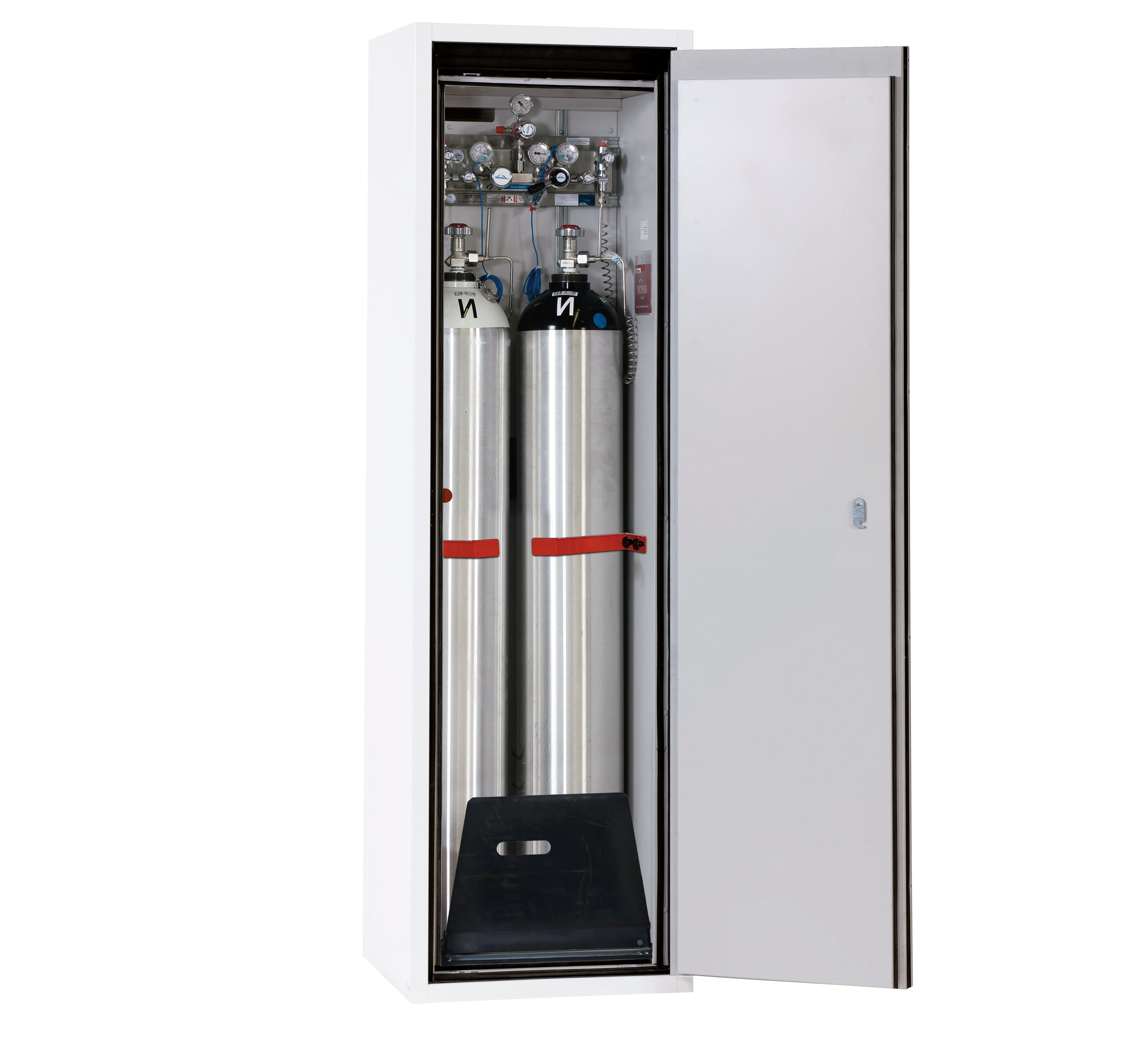 Type 90 compressed gas bottle cabinet G-ULTIMATE-90 model G90.205.060.2F.R in laboratory white (similar to RAL 9016) with standard interior fittings for 2x compressed gas bottles of 50 liters each