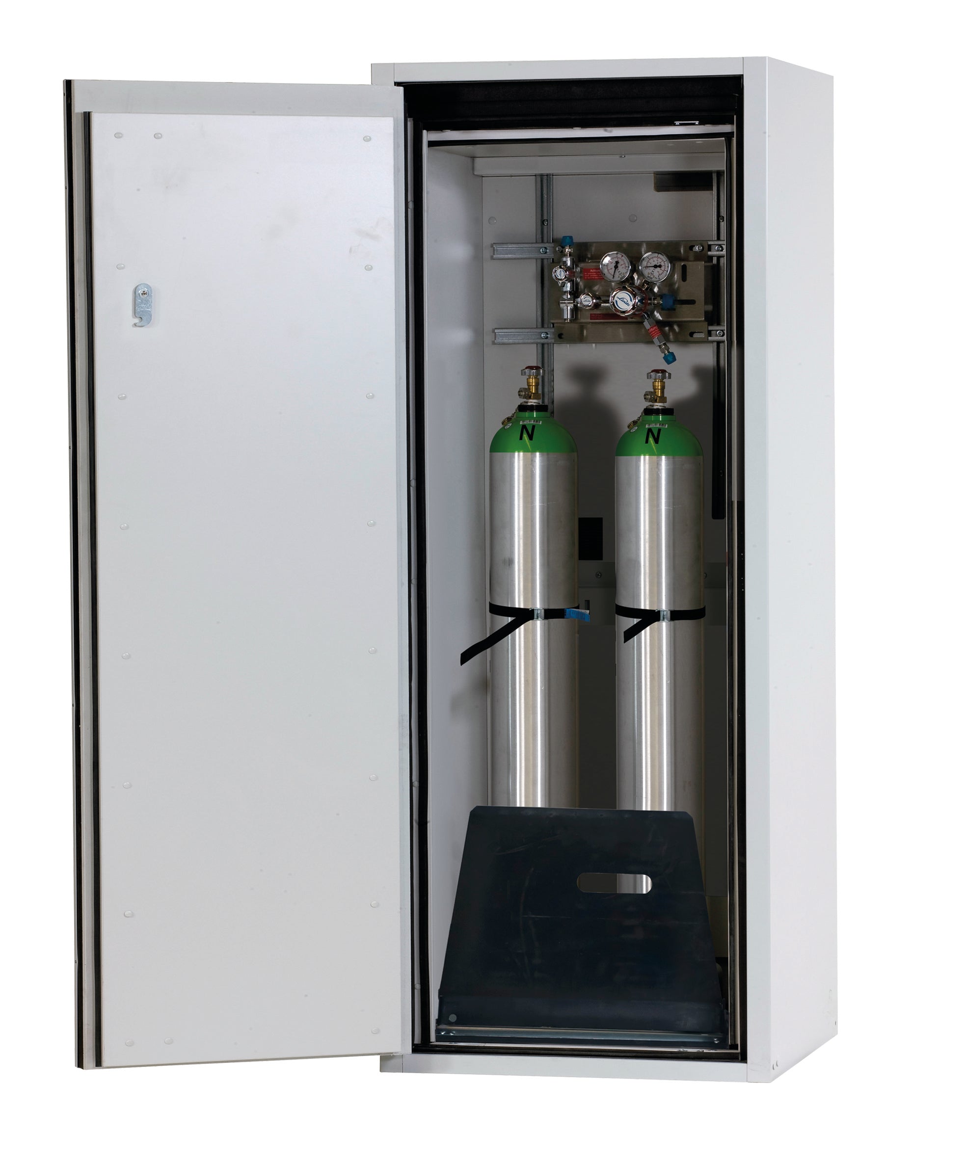 Type 90 compressed gas bottle cabinet G-ULTIMATE-90 model G90.145.060 in light gray RAL 7035 with standard interior fittings for 2x compressed gas bottles of 10 liters each