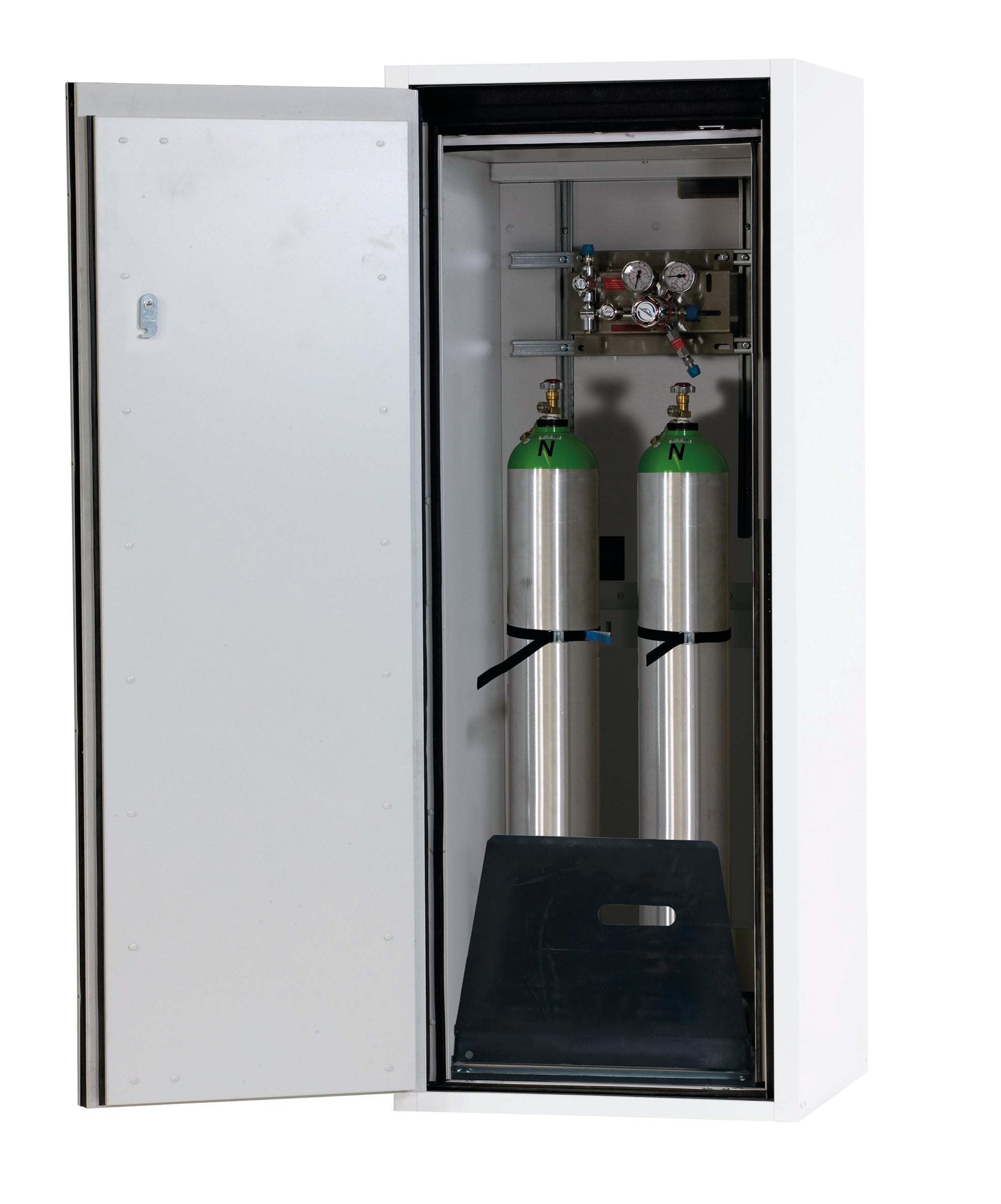 Type 90 compressed gas bottle cabinet G-ULTIMATE-90 model G90.145.060 in laboratory white (similar to RAL 9016) with standard interior fittings for 2x compressed gas bottles of 10 liters each