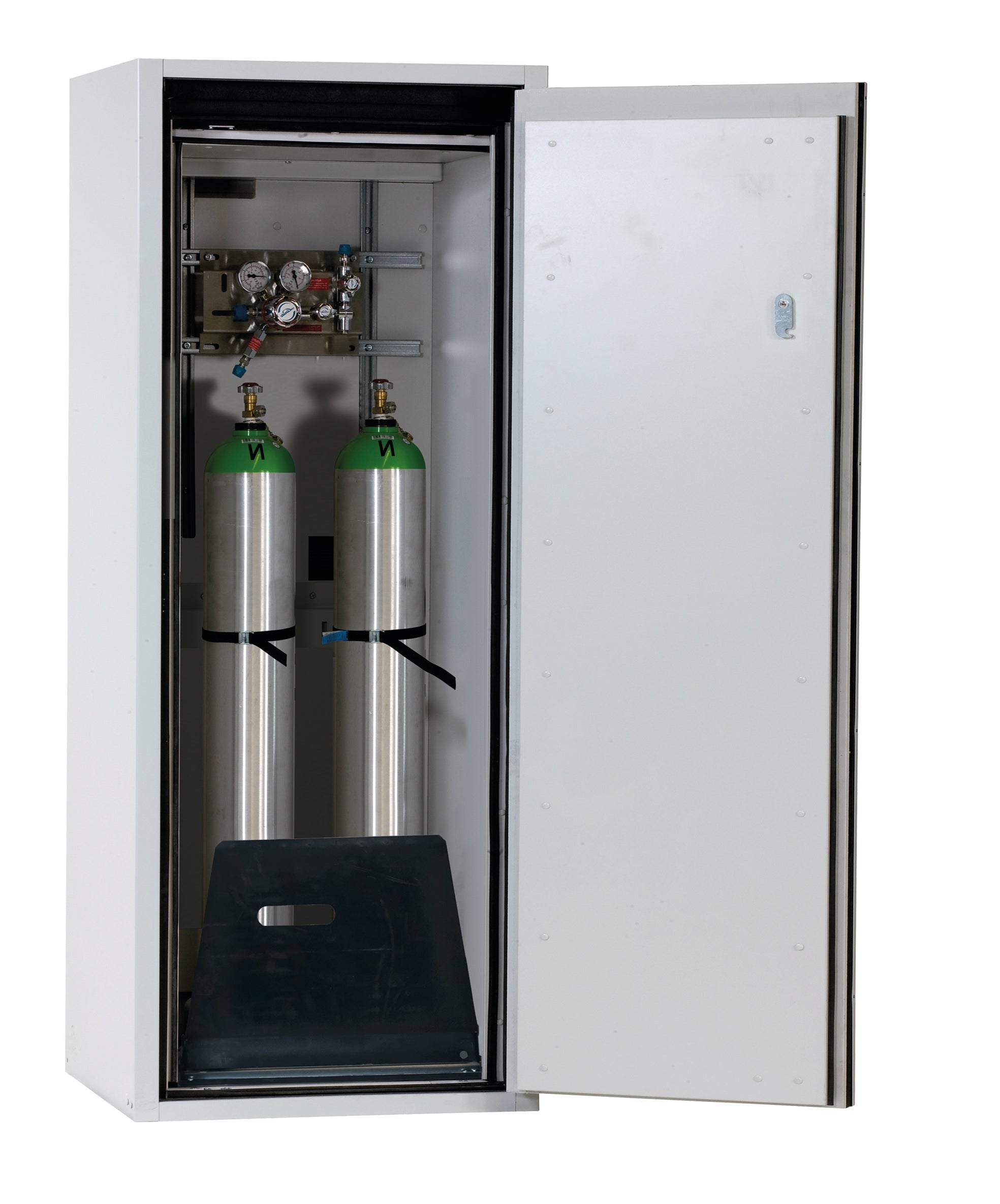 Type 90 compressed gas bottle cabinet G-ULTIMATE-90 model G90.145.060.R in light gray RAL 7035 with standard interior fittings for 2x compressed gas bottles of 10 liters each