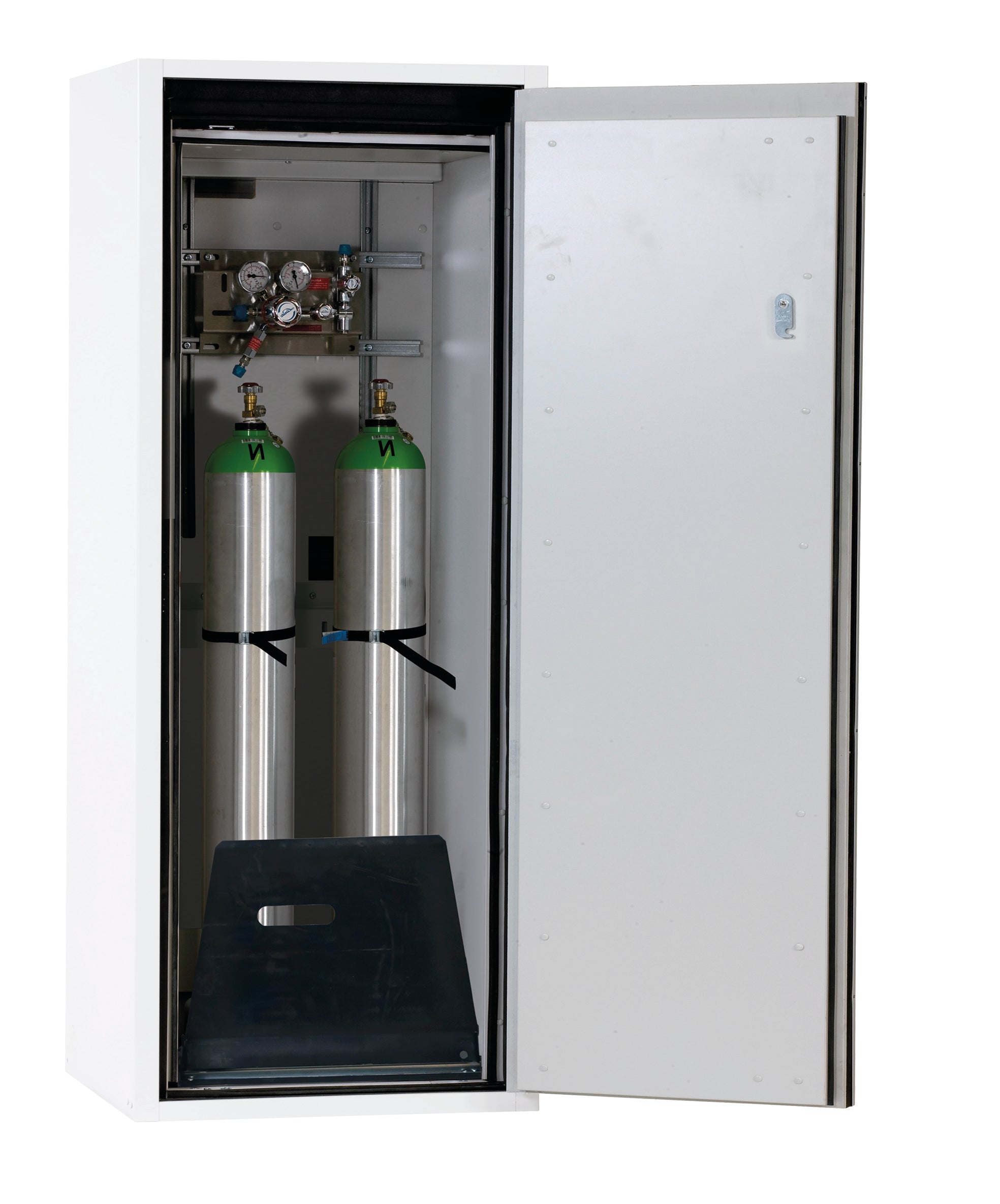 Type 90 compressed gas bottle cabinet G-ULTIMATE-90 model G90.145.060.R in laboratory white (similar to RAL 9016) with standard interior fittings for 2x compressed gas bottles of 10 liters each
