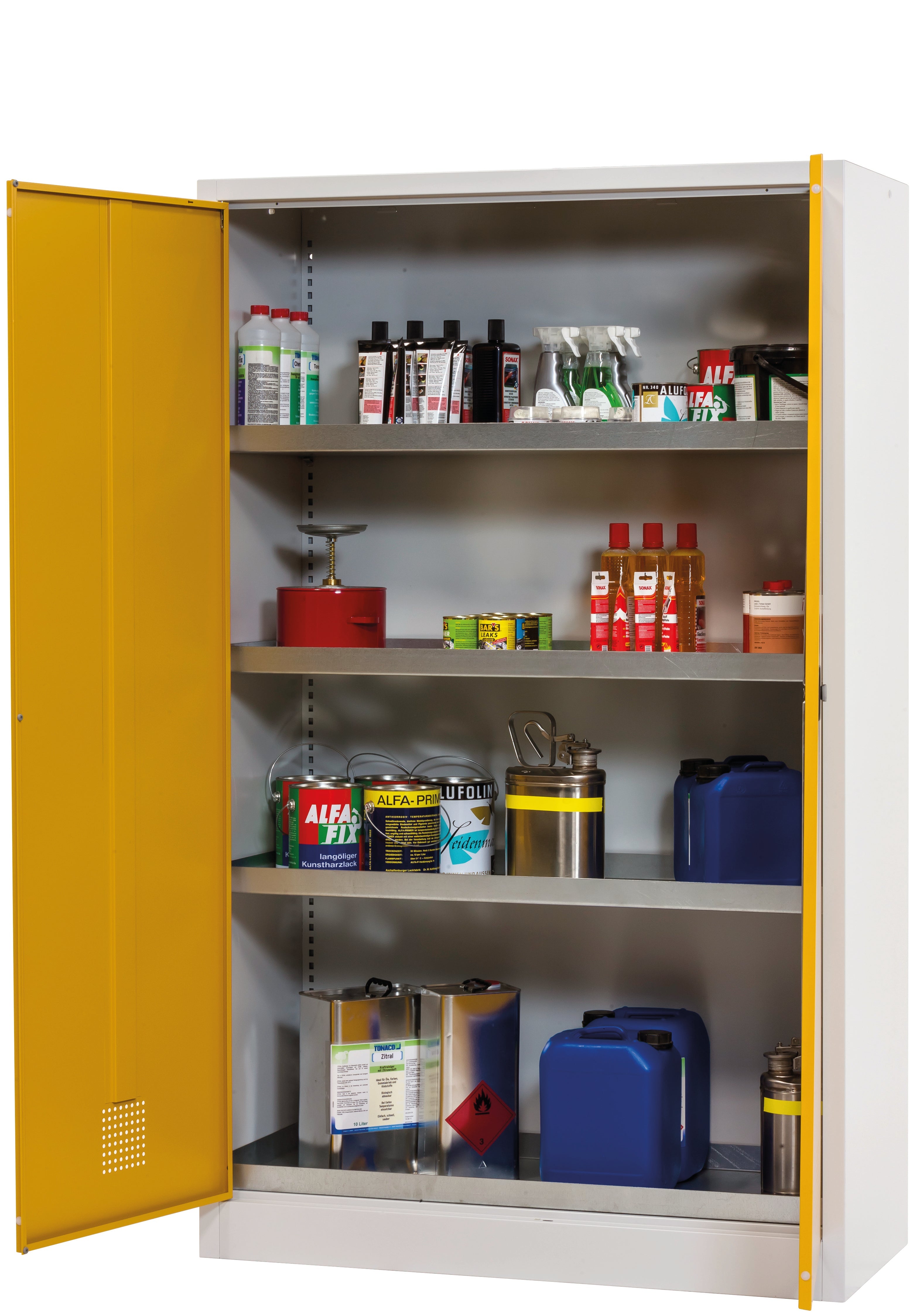 cabinet for chemicals CF-CLASSIC model CF.195.120:0004 in warning yellow RAL 1004 with 4x tray shelf (standard) (sheet steel), sheet steel powder-coated smooth