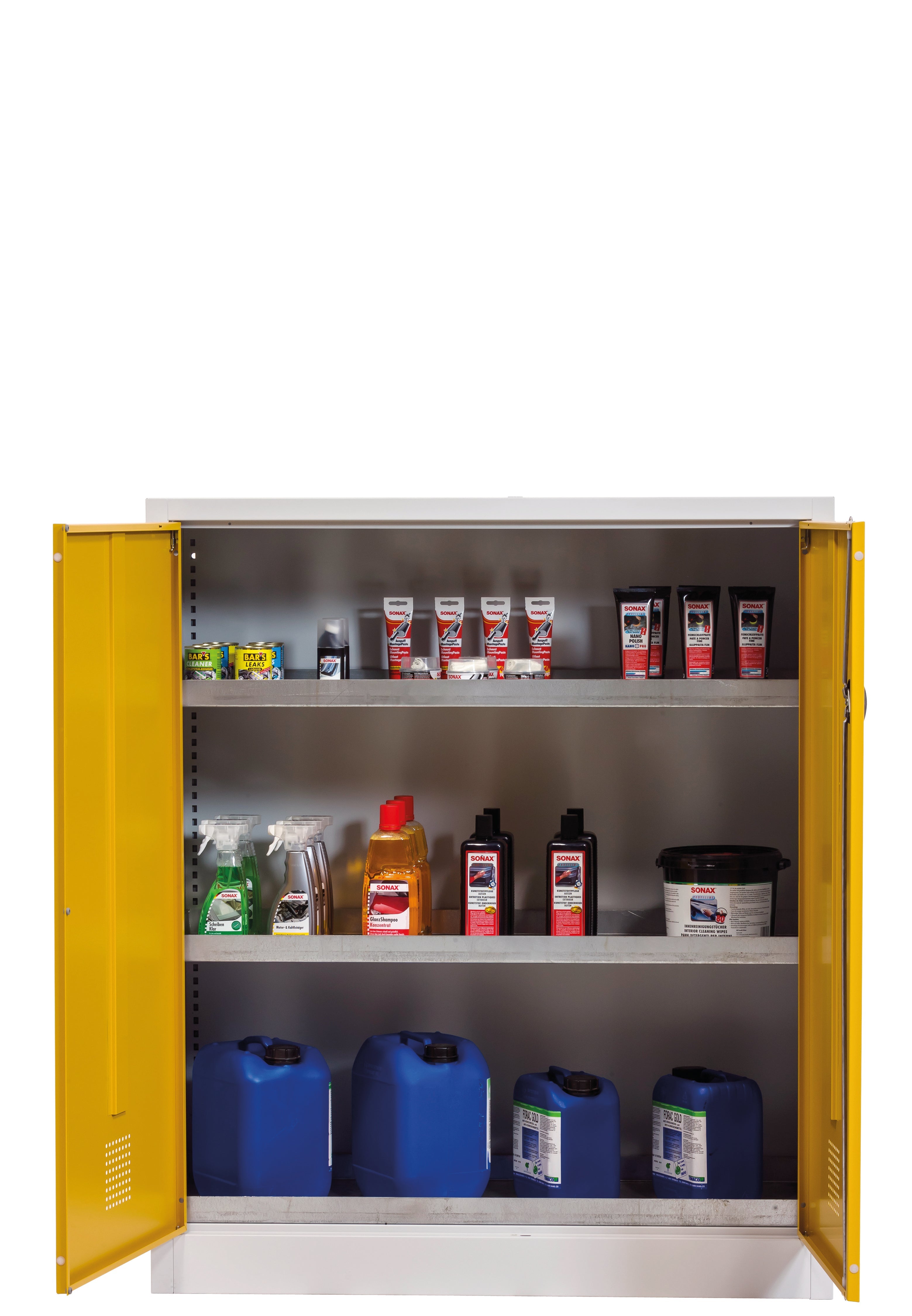 cabinet for chemicals CF-CLASSIC model CF.140.120:0005 in warning yellow RAL 1004 with 3x tray shelf (standard) (sheet steel), sheet steel powder-coated smooth