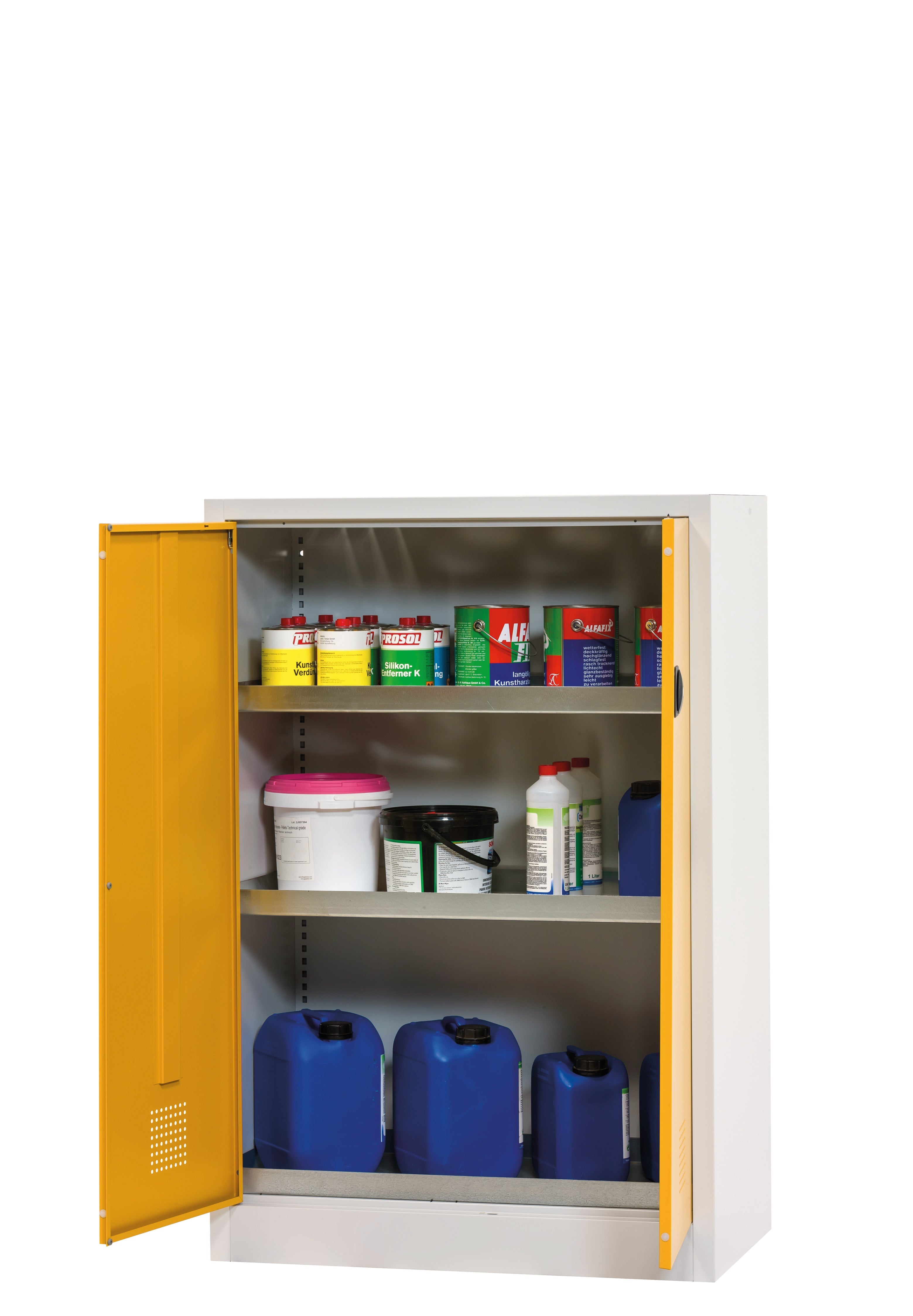 cabinet for chemicals CF-CLASSIC model CF.140.095:0005 in warning yellow RAL 1004 with 3x tray shelf (standard) (sheet steel), sheet steel powder-coated smooth