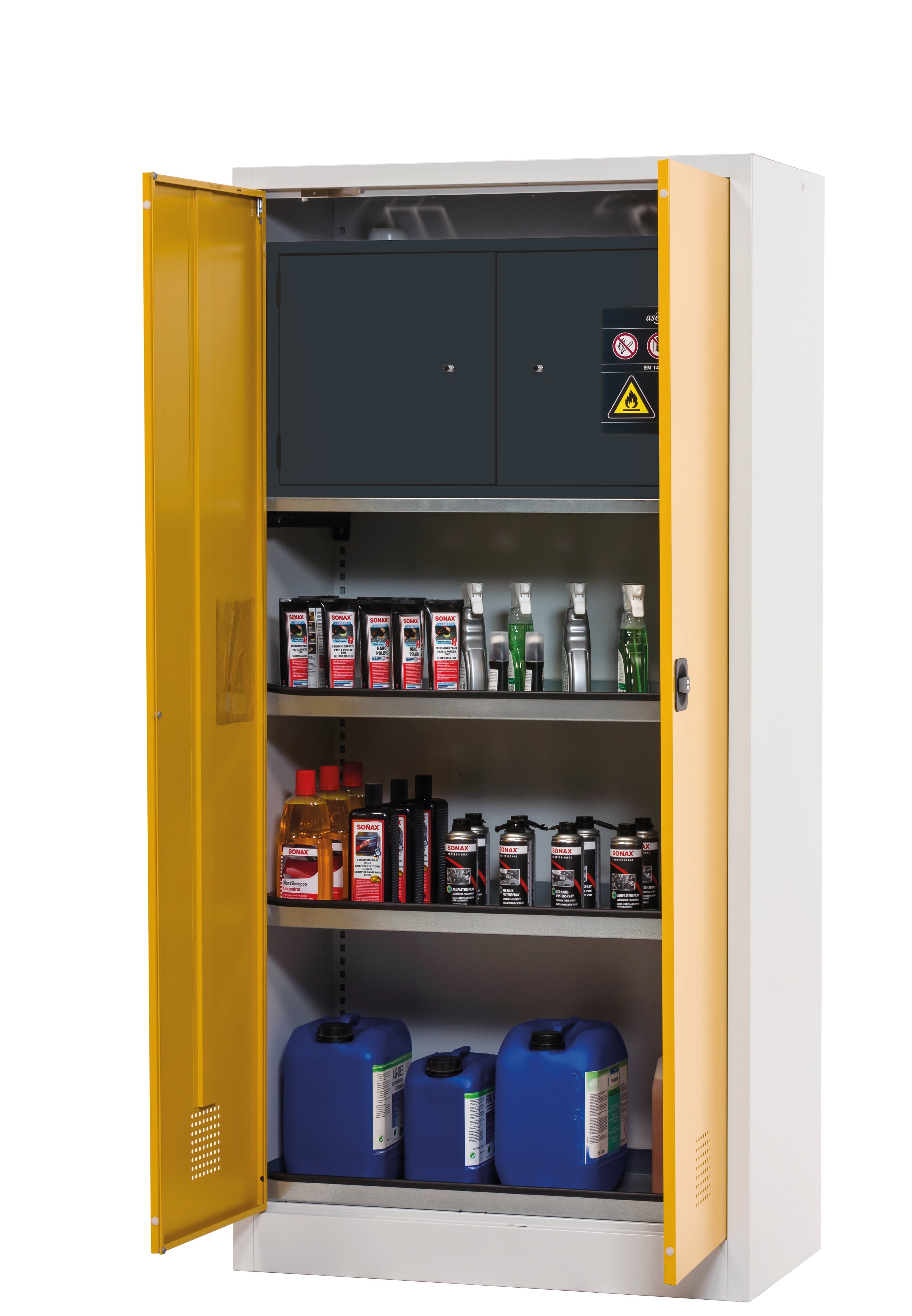 cabinet for chemicals incl. type 30 safety box CF-CLASSIC-F model CF.195.095.F:0005 in warning yellow RAL 1004 with 3x tray shelf (standard) (sheet steel), sheet steel powder-coated smooth