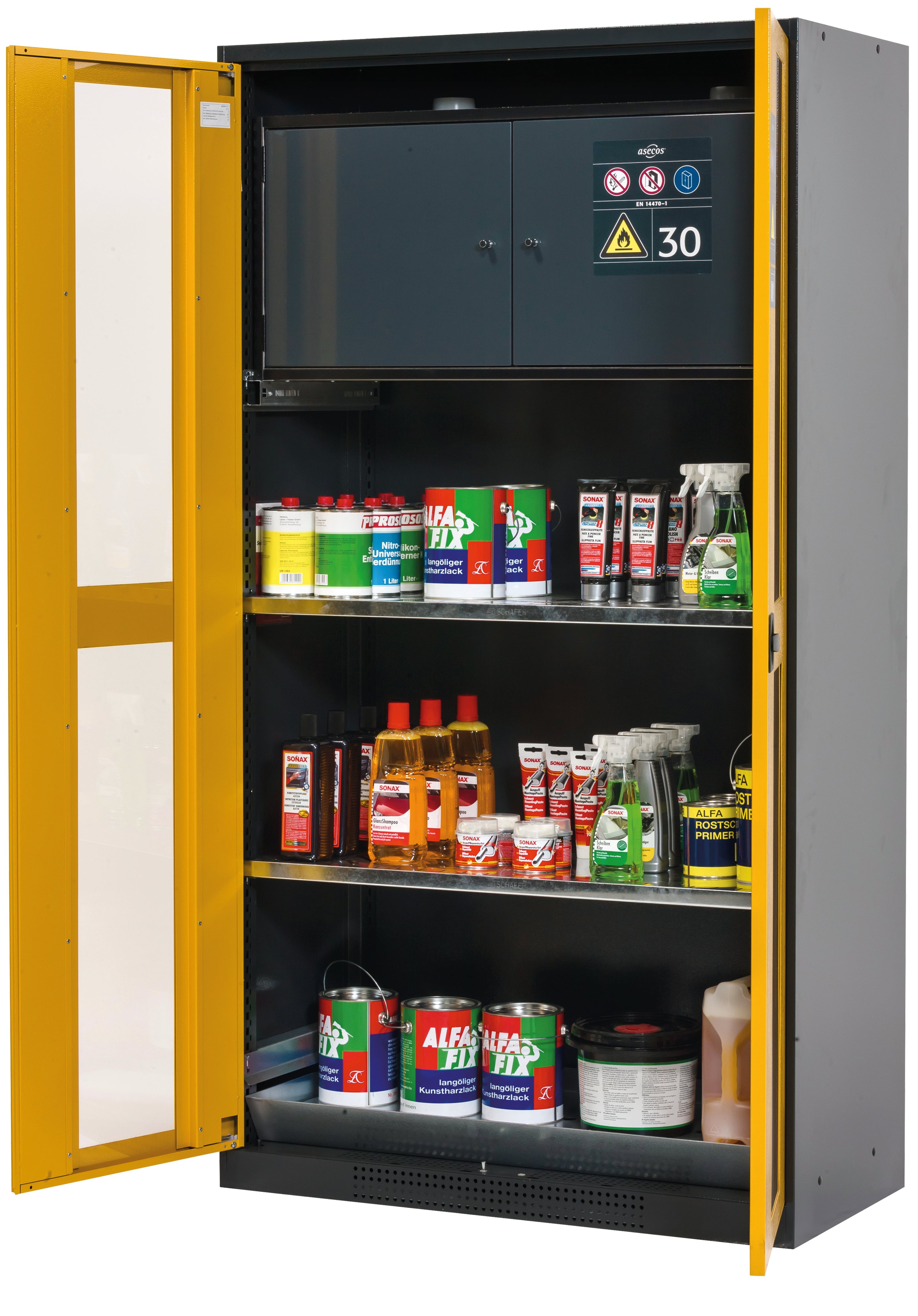Chemical cabinet with type 30 safety box CS-CLASSIC-GF model CS.195.105.F.WDFW in safety yellow RAL 1004 with 2x standard shelves (sheet steel)