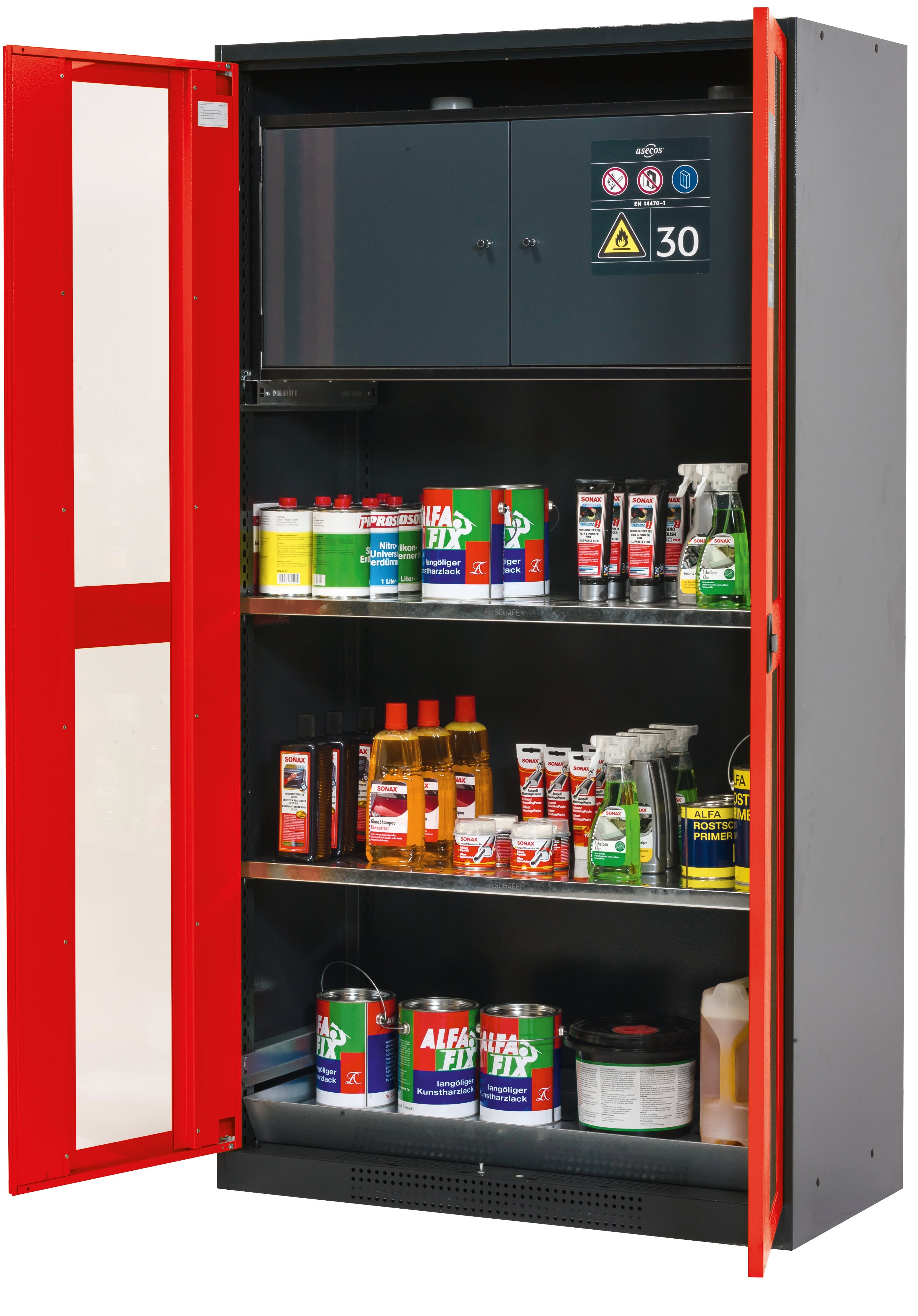 Chemical cabinet with type 30 safety box CS-CLASSIC-GF model CS.195.105.F.WDFW in traffic red RAL 3020 with 2x standard shelves (sheet steel)
