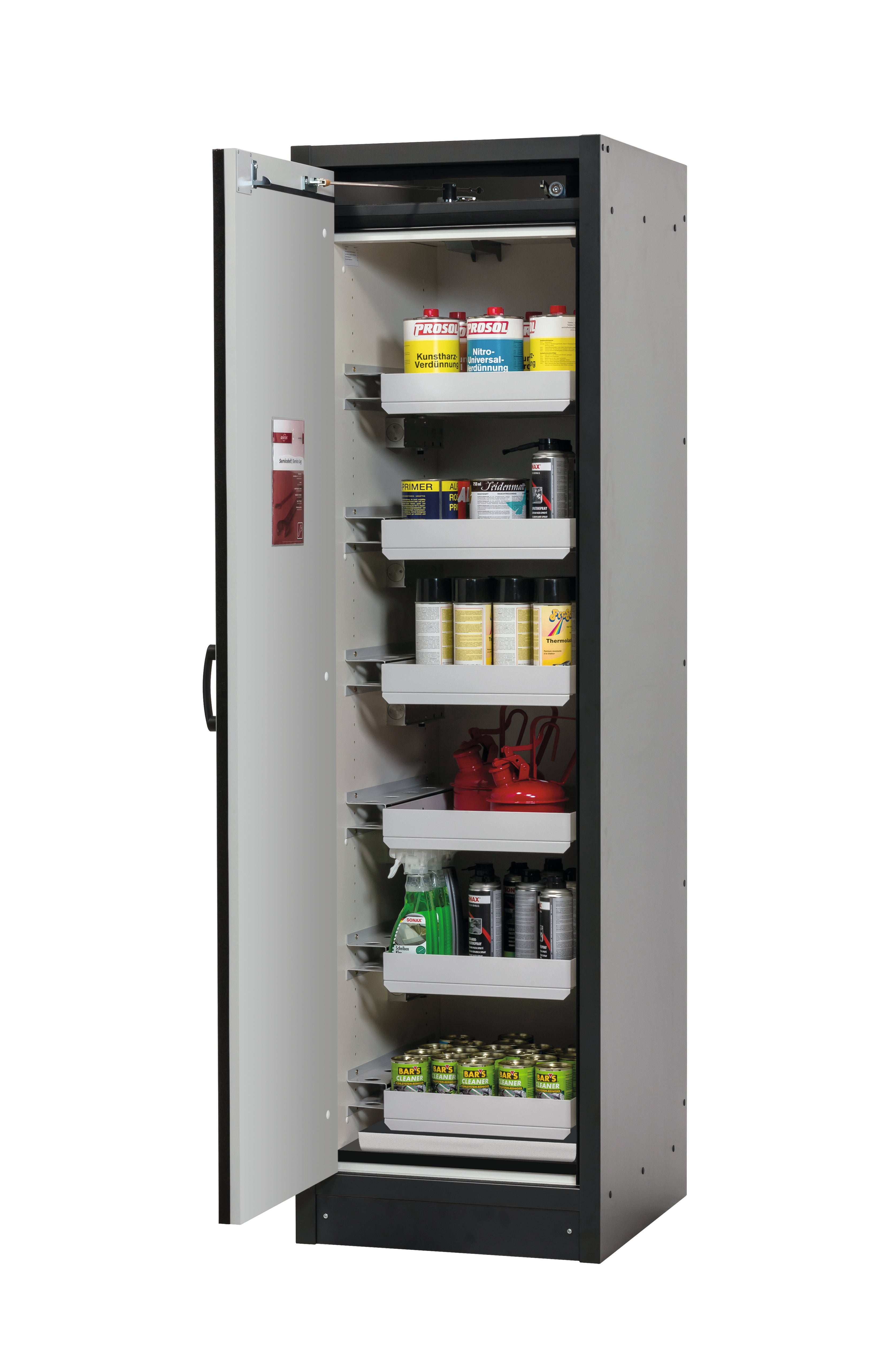 Armoire de sécurité type 30 Q-CLASSIC-30 modèle Q30.195.056 en jaune de sécurité RAL 1004 avec 6 plateaux coulissants standard (tôle d'acier)