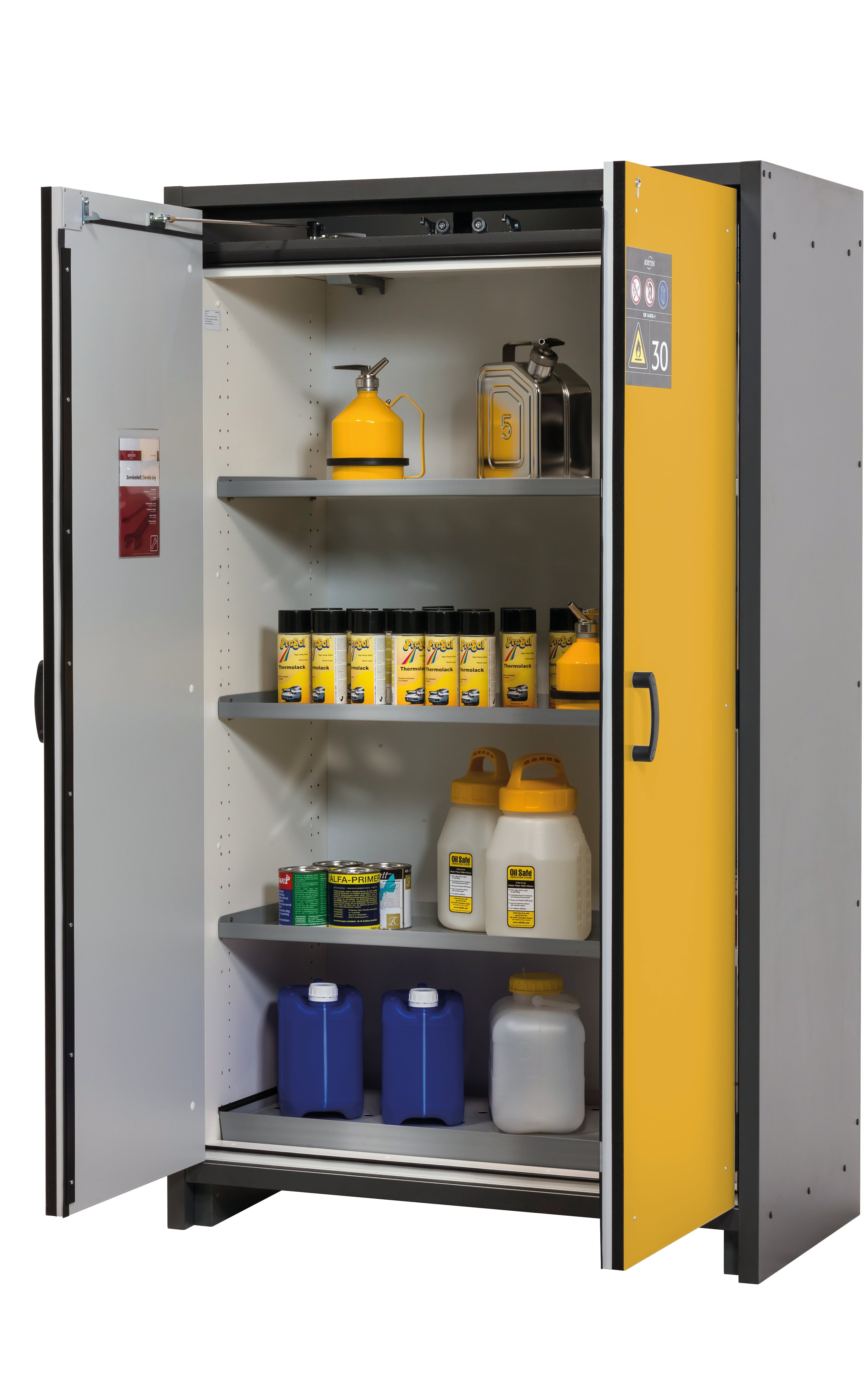 Armoire de sécurité type 30 Q-CLASSIC-30 modèle Q30.195.116 en jaune sécurité RAL 1004 avec 3 étagères standard (acier inoxydable 1.4301)